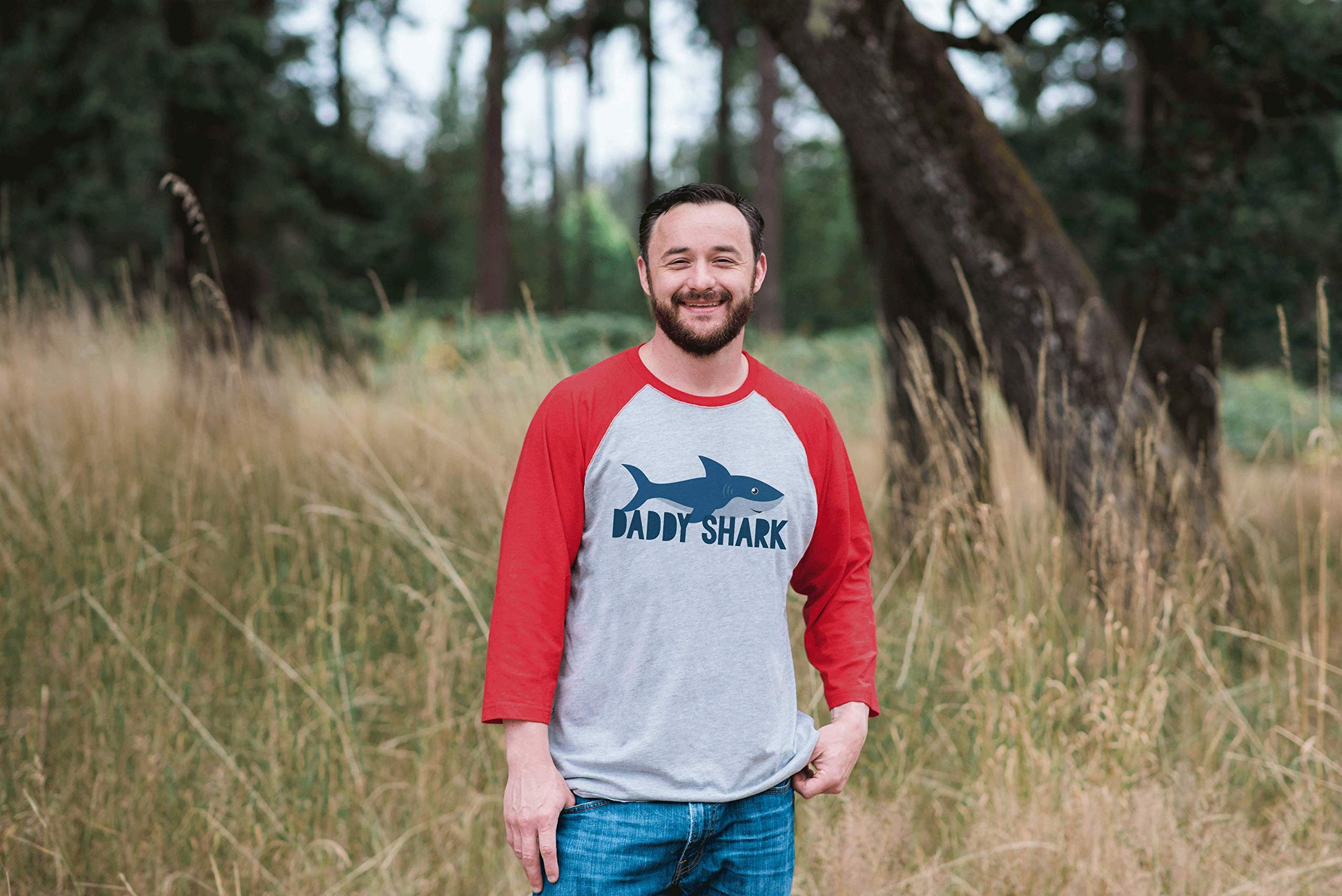 Daddy Shark Raglan Tee for Men - Comfortable Graphic T-Shirt with 3/4 Sleeve | Perfect for Family Outings, Beach Trips & Shark Week Celebrations