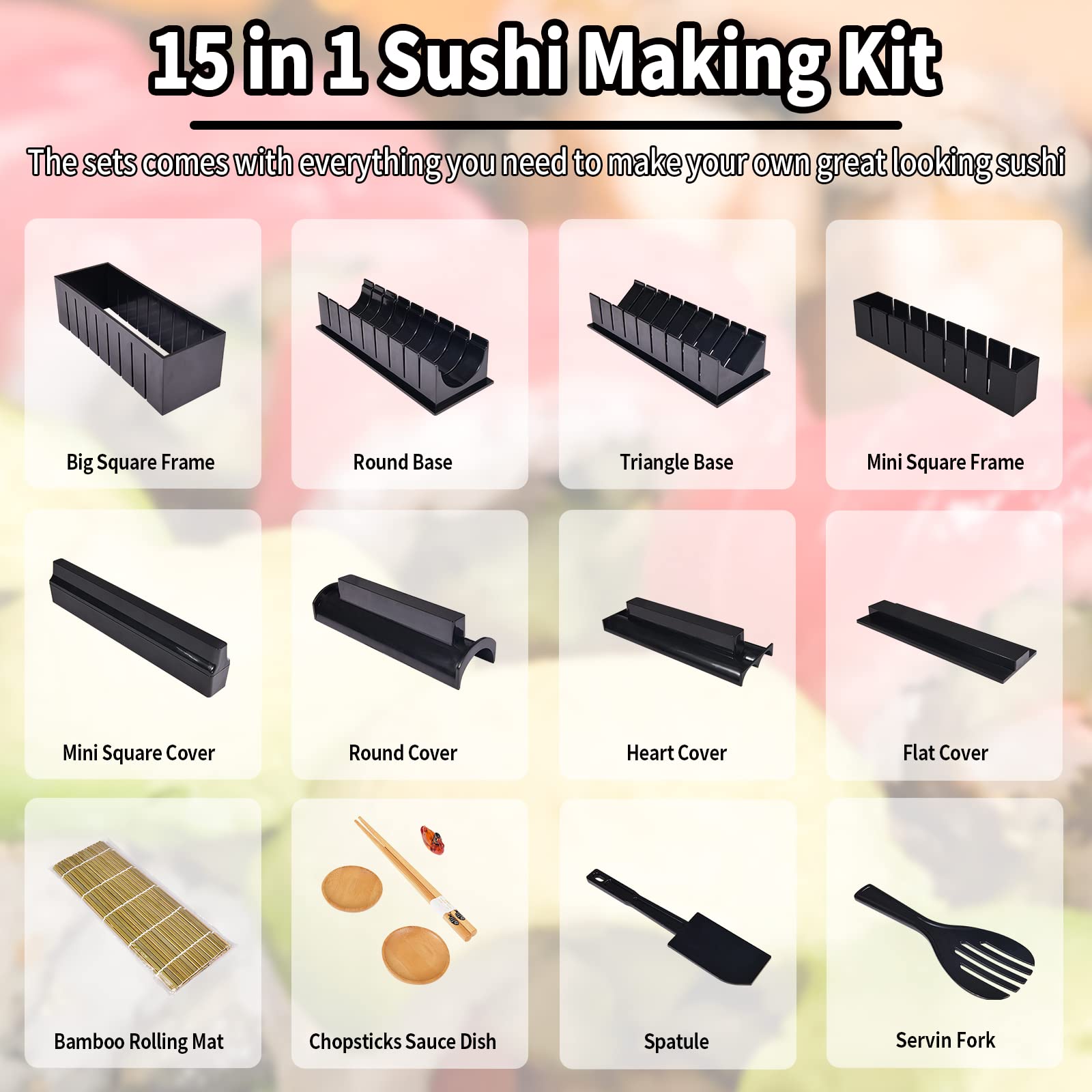 AYIYUN 15-Piece Sushi Making Kit with 8-Shape Rice Mold, Bamboo Rolling Mats, Chopsticks Holder & Plates - Complete DIY Sushi Tools Set for Home Cooking, Party Entertaining & Japanese Cuisine Lovers