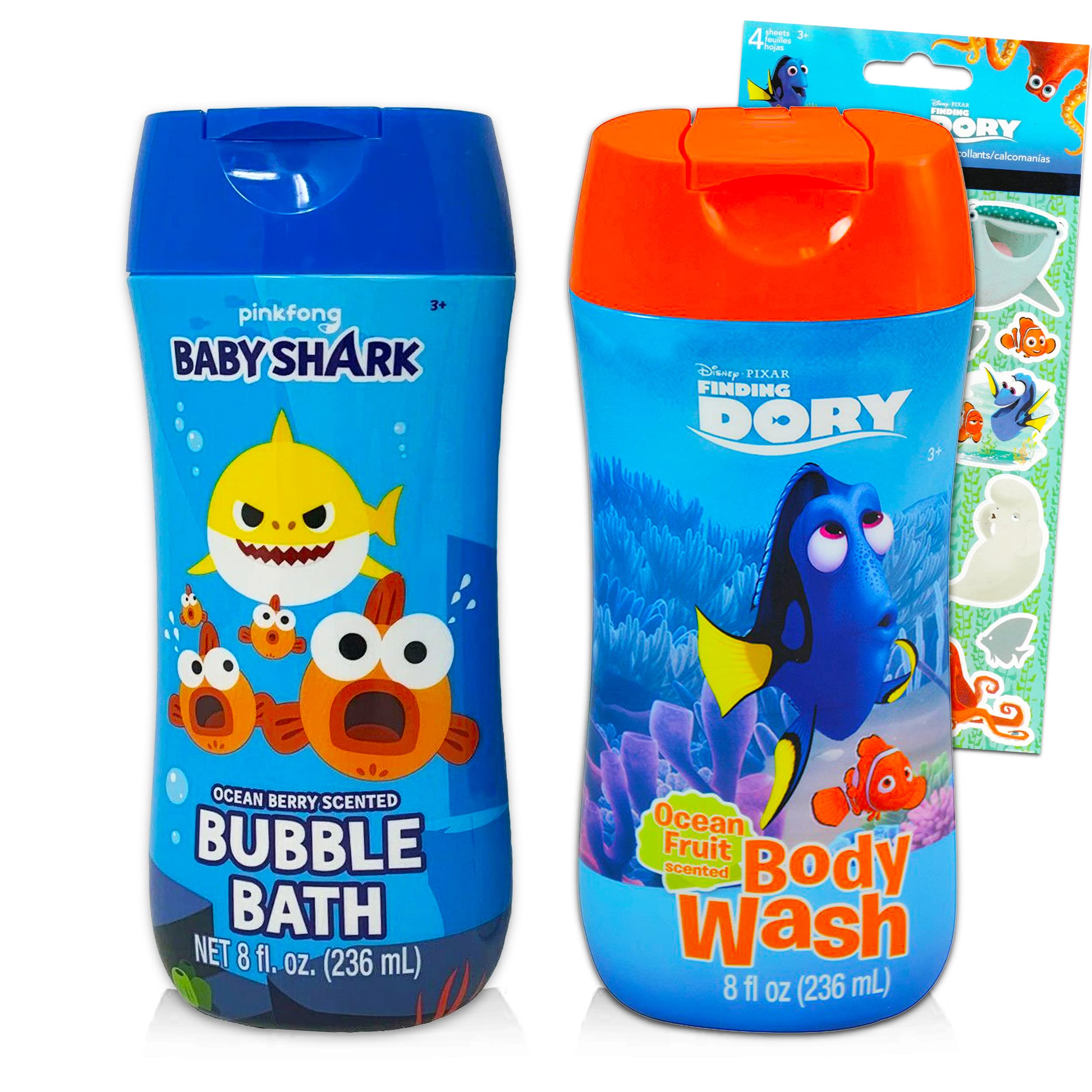 Baby Shark & Finding Dory Kids Bath Set - 2-in-1 Body Wash & Bubble Bath with Fun Stickers | Toddler Bath Time Essentials for Boys & Girls | Perfect Gift for Birthday & Holidays