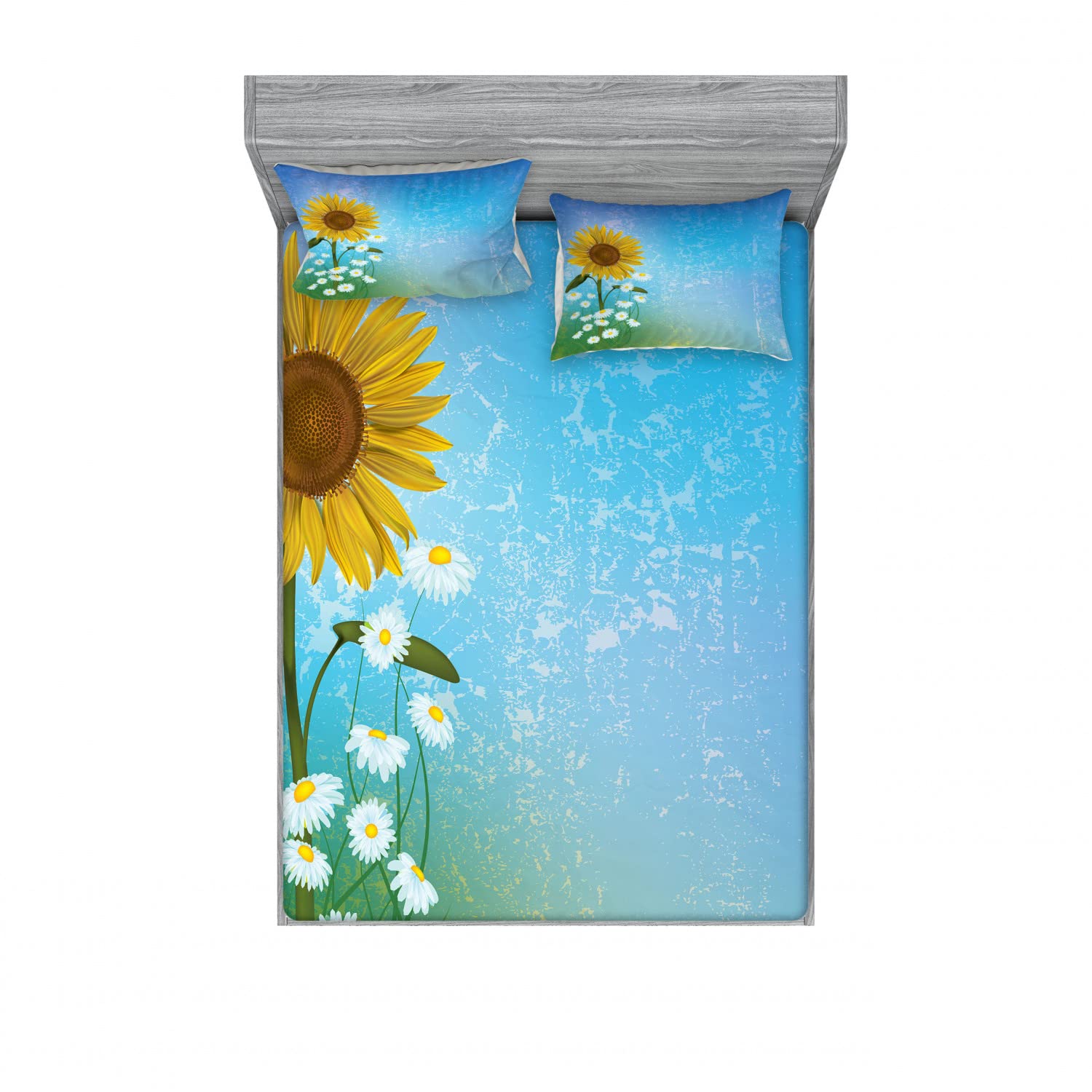 Ambesonne 2-Piece Queen Size Fitted Sheet Set with 4 Pillow Shams - Sunflower Chamomile Floral Pattern in Soft Pastel Blue, Yellow & Green - Luxury Bedding Decor for Master Bedroom, Guest Room & Dorm
