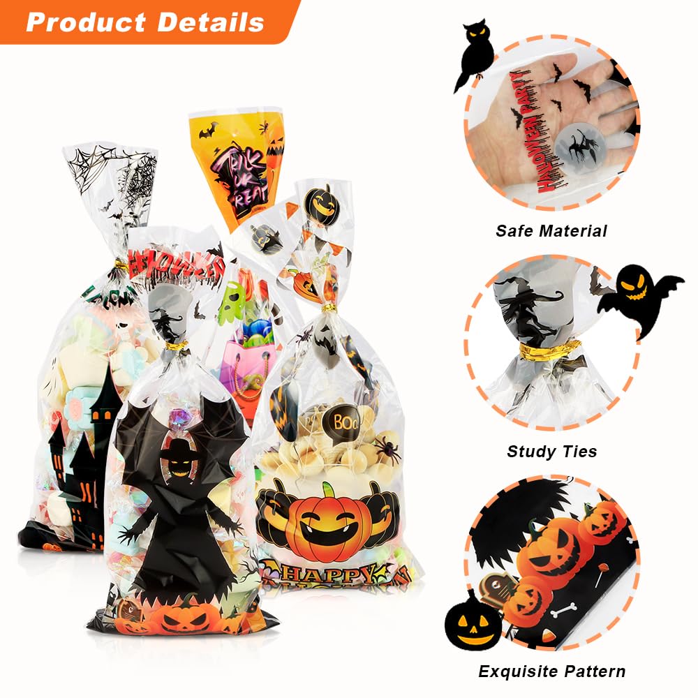 100PCS Clear Cellophane Treat Bags with Twist Ties - Halloween Candy Bags, Cookie Goodie Bags for Trick or Treat, Party Favors, Birthday Gifts & Holiday Treat Packaging