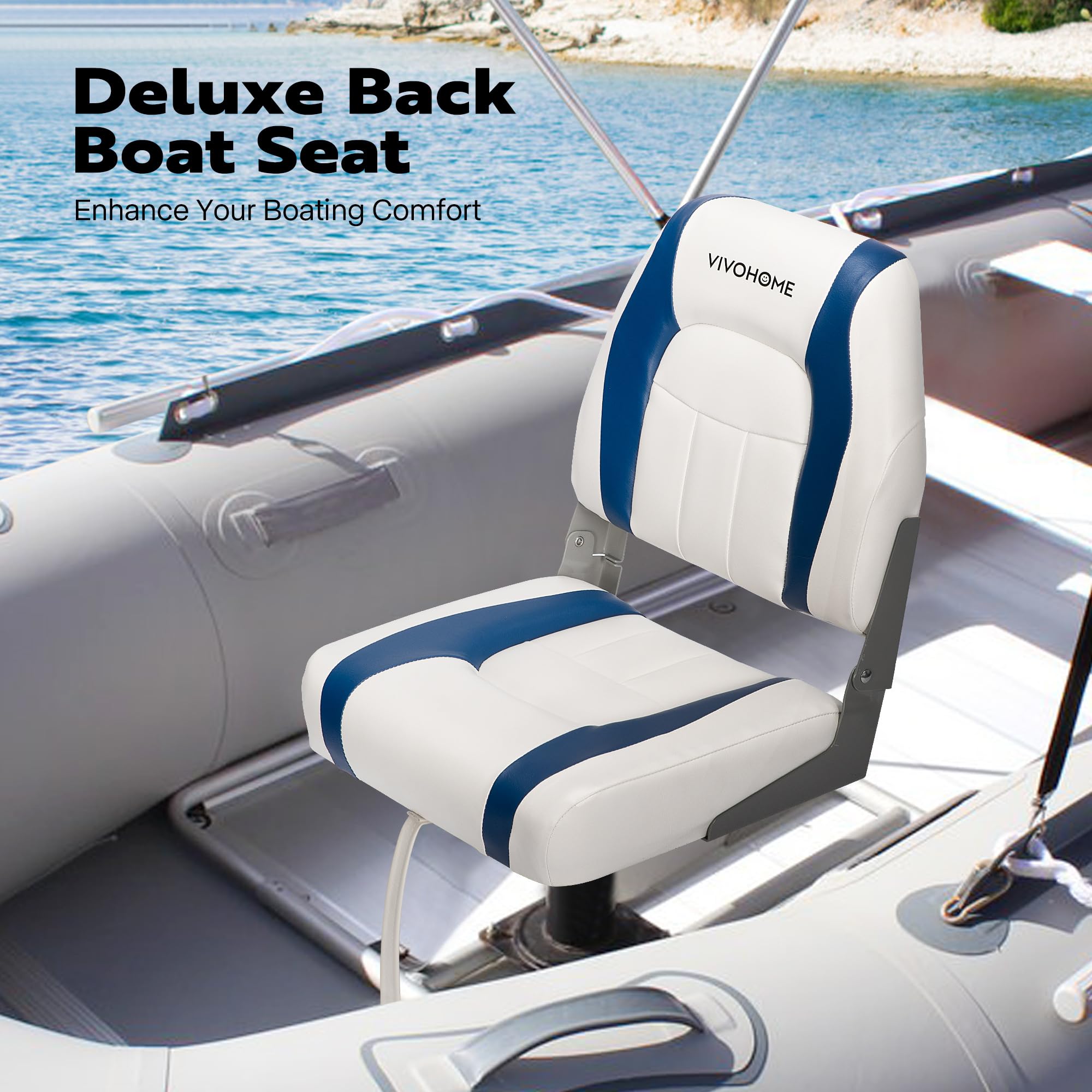 VIVOHOME 2 Pack Folding Low Back Boat Seats - Waterproof Marine Captain Chairs with 4 Mounting Screws, White & Blue - Perfect for Fishing Boats, Yachts, and Pontoon Boats