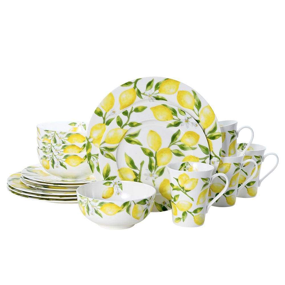 16-Piece Lemon Print Dinnerware Set - Service for 4, Porcelain Plates Bowls & Mugs - Perfect for Family Dining, Kitchen Decor & Dinner Parties
