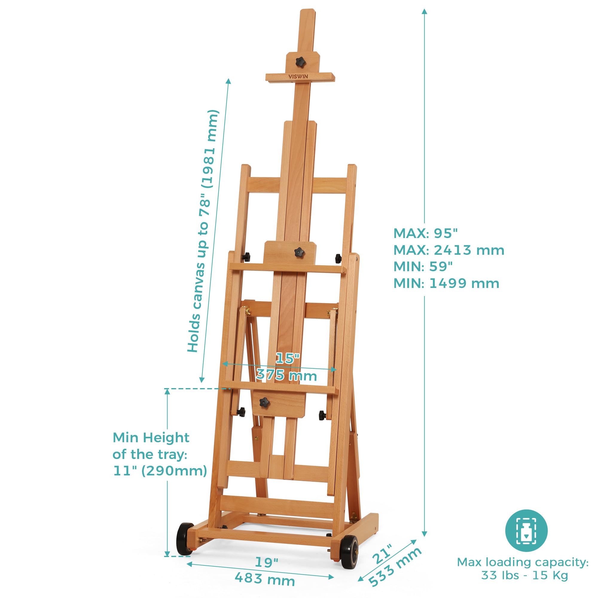 VISWIN Adjustable Beech Wood H-Frame Easel - Collapsible Floor Art Stand for 1-2 Canvases Up to 78