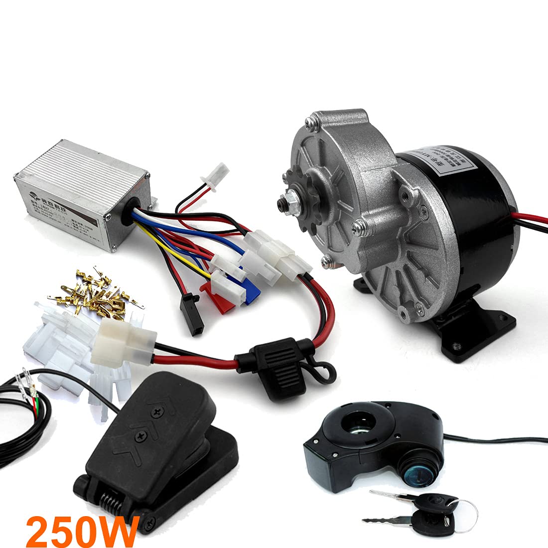 250W Brush Gear Bike Motor Kit - 24V Electric Brush Controller with Foot Pedal Accelerator & Key Switch Voltmeter | Perfect for DIY E-Bike Conversion, Commuting & Outdoor Cycling