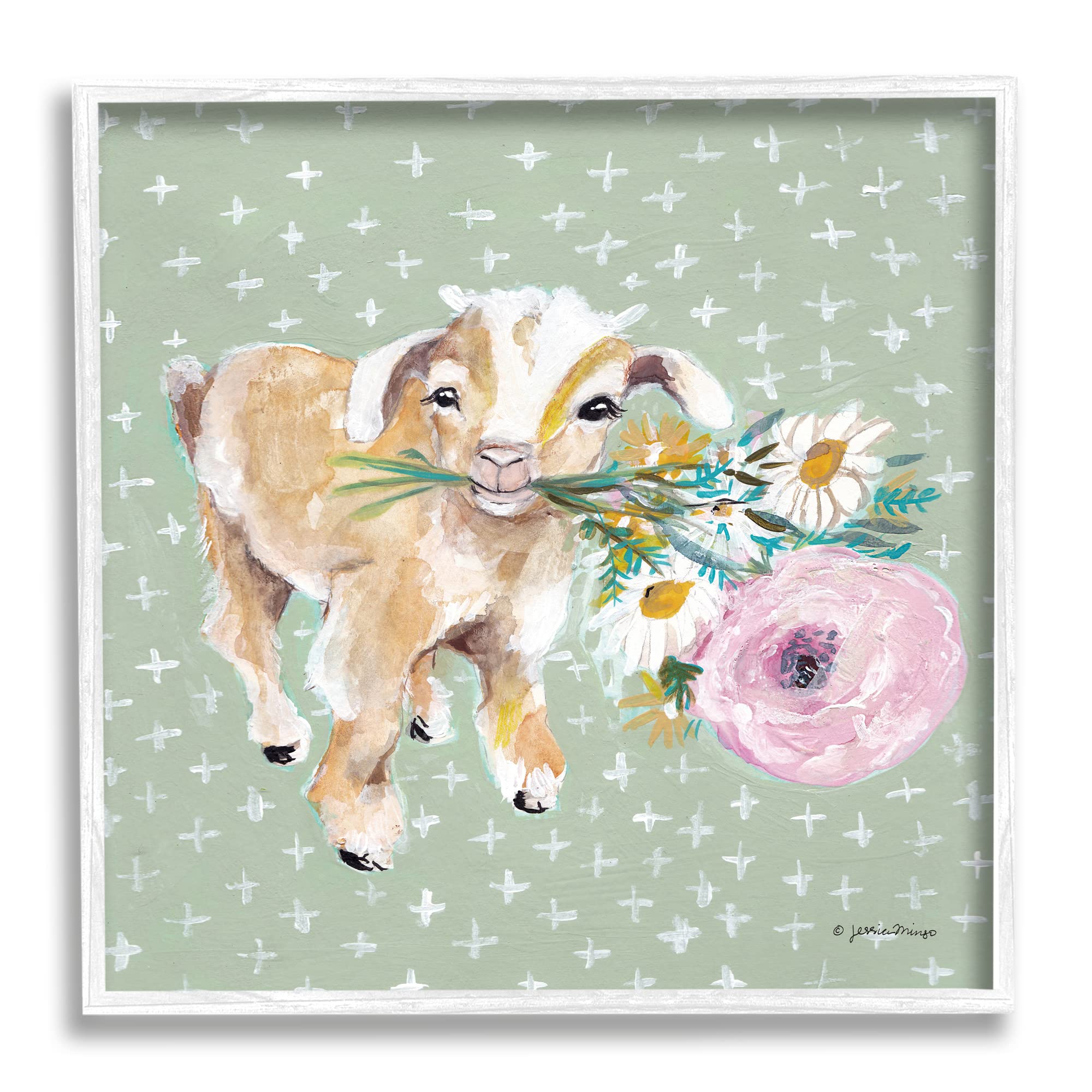 Stupell Industries Attentive Buckling Goat Offering Flowers Framed Wall Art - Whimsical Farmhouse Decor by Jessica Mingo - Perfect for Nursery, Living Room or Country Style Home Decor