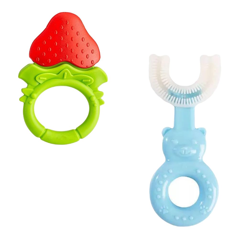 Kritiu Baby Teether and U-Shaped Toothbrush Set | BPA-Free Silicone Teething Toys for Infants 0-12 Months | Safe Chewing Relief & Early Oral Care | Red & Blue (Perfect for Soothing Sore Gums & Gentle Teeth Cleaning)