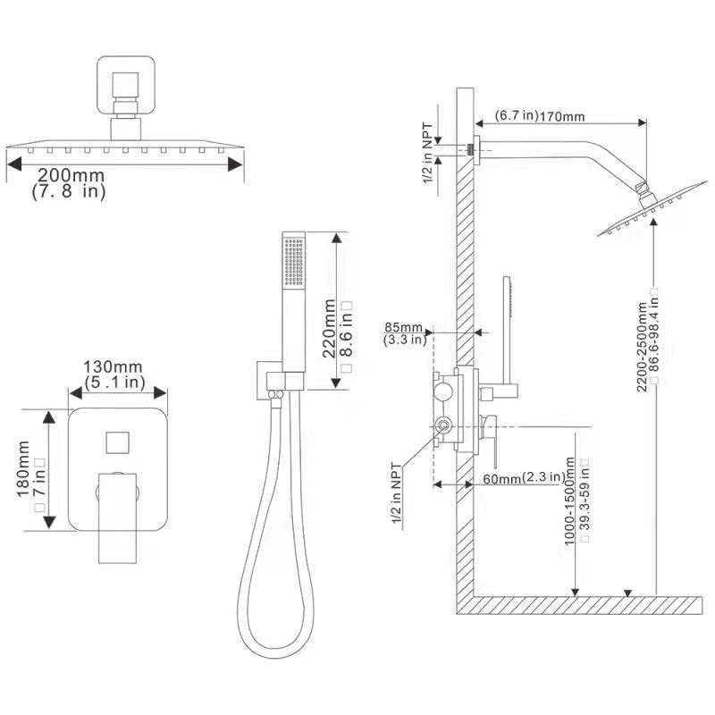 Premium Matte Black Shower System - 8 Inch Rainfall Shower Head with Wall Mounted Faucet Set, Rough-in Valve & Trim Kit | Modern Bathroom Upgrade for Spa-Like Experience