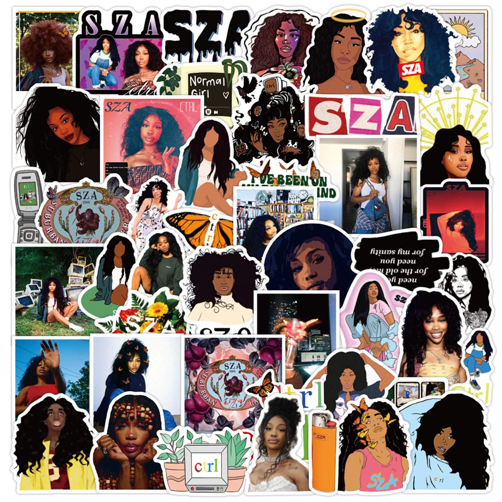 50pcs SZA Ctrl Vinyl Stickers Set - Waterproof Decals for Laptop, Water Bottle, Phone, Skateboard, Luggage, Bicycle & Guitar - Trendy Music Singer Stickers for Teens - Perfect for School, Travel & Personalizing Your Devices