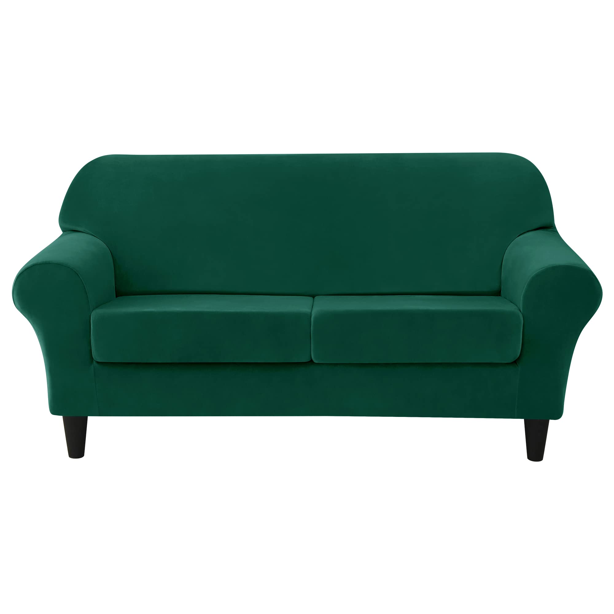 CONRUSER Stretch Sofa Slipcover - Soft Velvet Couch Cover for 2 Cushion Sofa, Thick Furniture Protector for Pets & Kids (Green, Medium) - Perfect for Living Room, Family Room & Pet-Friendly Homes