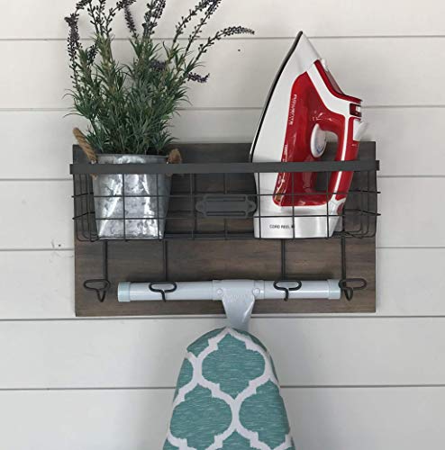 Rustic Industrial Laundry Ironing Board Shelf with Gray Basket - Wall Mounted Storage for Lake Cottage, Laundry Room & Farmhouse Decor | Organize Towels, Linens & Ironing Supplies