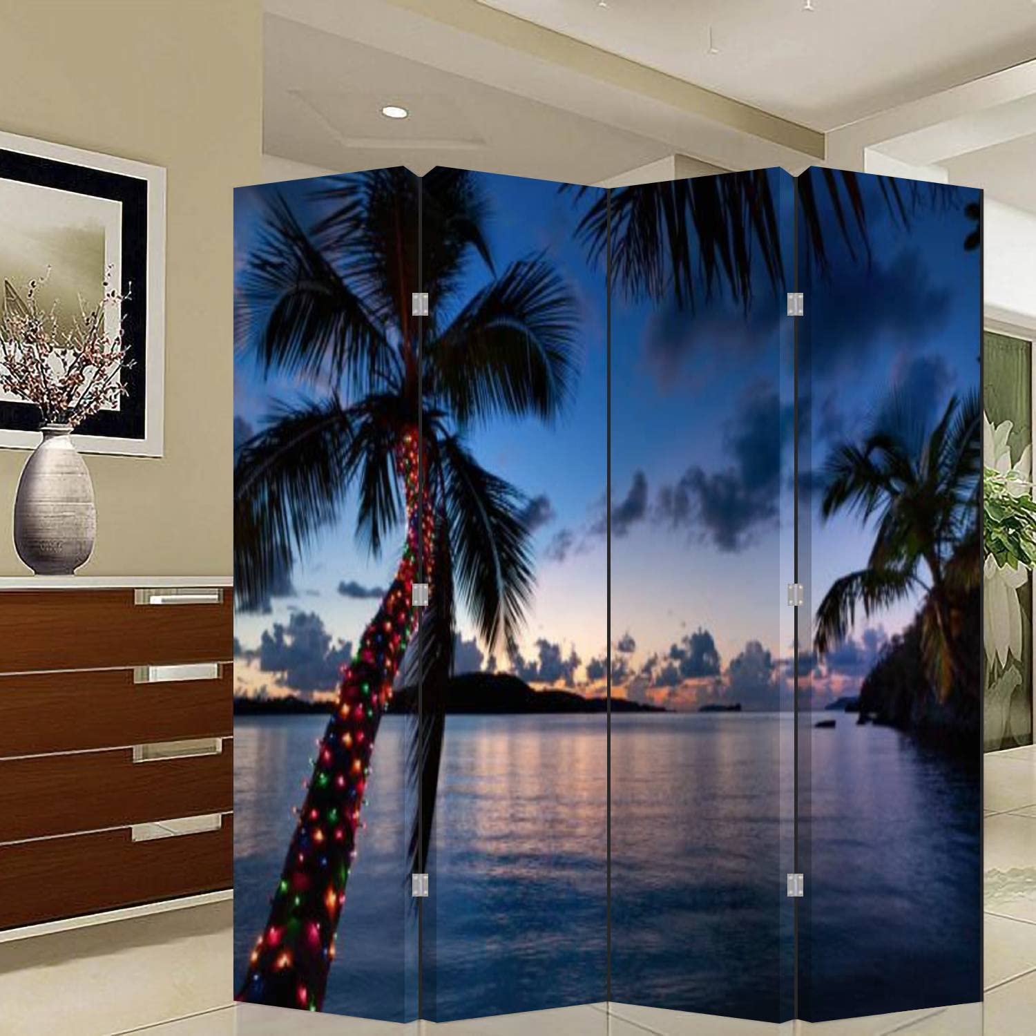 4 Panel Folding Room Divider with Palm Tree & Christmas Lights - Tropical Beach Themed Freestanding Privacy Screen for Home, Office, Bedroom | Perfect for Creating Private Spaces, Party Decor & Seasonal Celebrations