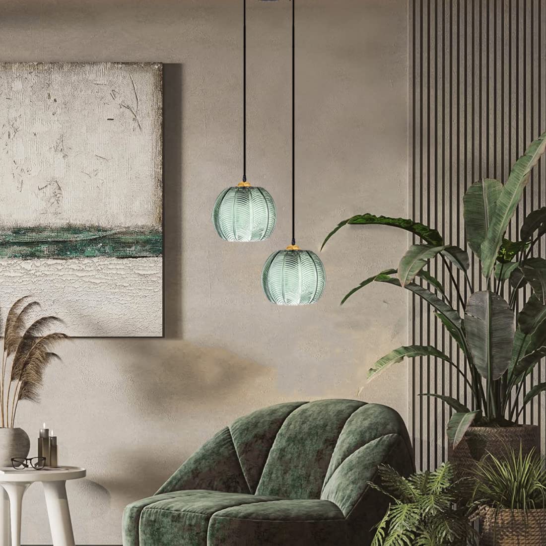 Modern 2-Light Glass Pendant Light Fixture with Green Ribbed Glass Shade - Stylish Globe Chandelier for Kitchen Island, Dining Room, Living Room & Bedroom - Perfect for Home Decor, Restaurant Lighting and Commercial Spaces
