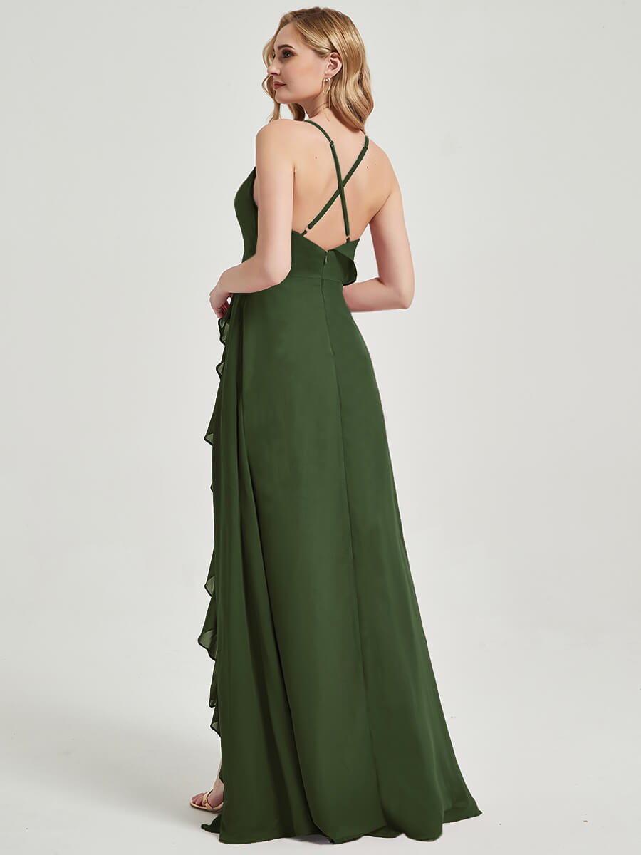 Elegant Olive Green Chiffon Maxi Bridesmaid Dress with Criss Cross Straps, Ruffles & High Slit - Perfect for Weddings, Formal Events & Evening Parties