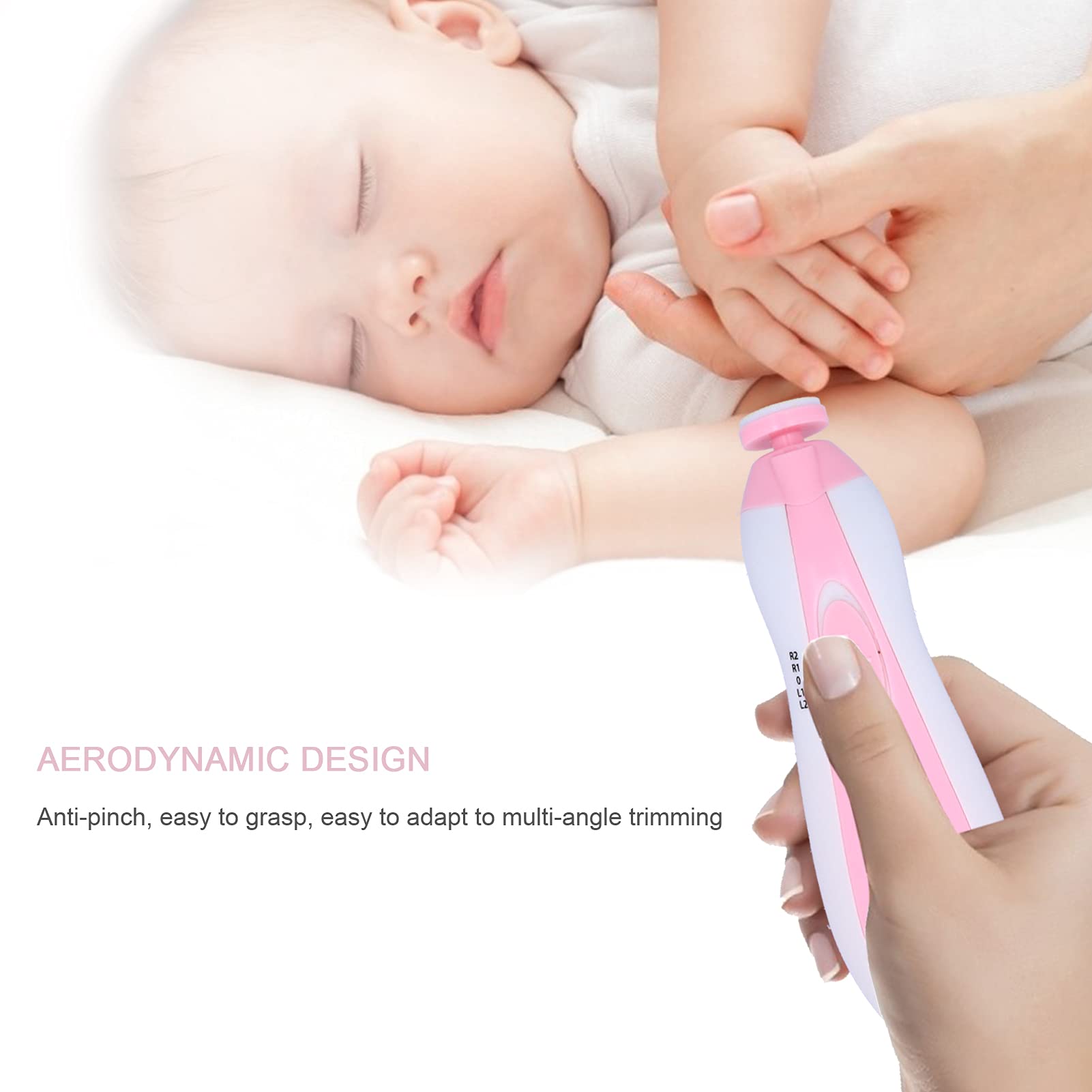 EXCLUZO Baby Nail Grinder - Electric Nail File Kit with LED Light & 6 Polishing Heads - Safe Baby Nail Trimmer for Newborns & Toddlers 0-3 Years (Pink) - Perfect for Gentle At-Home Baby Care & Travel Manicures