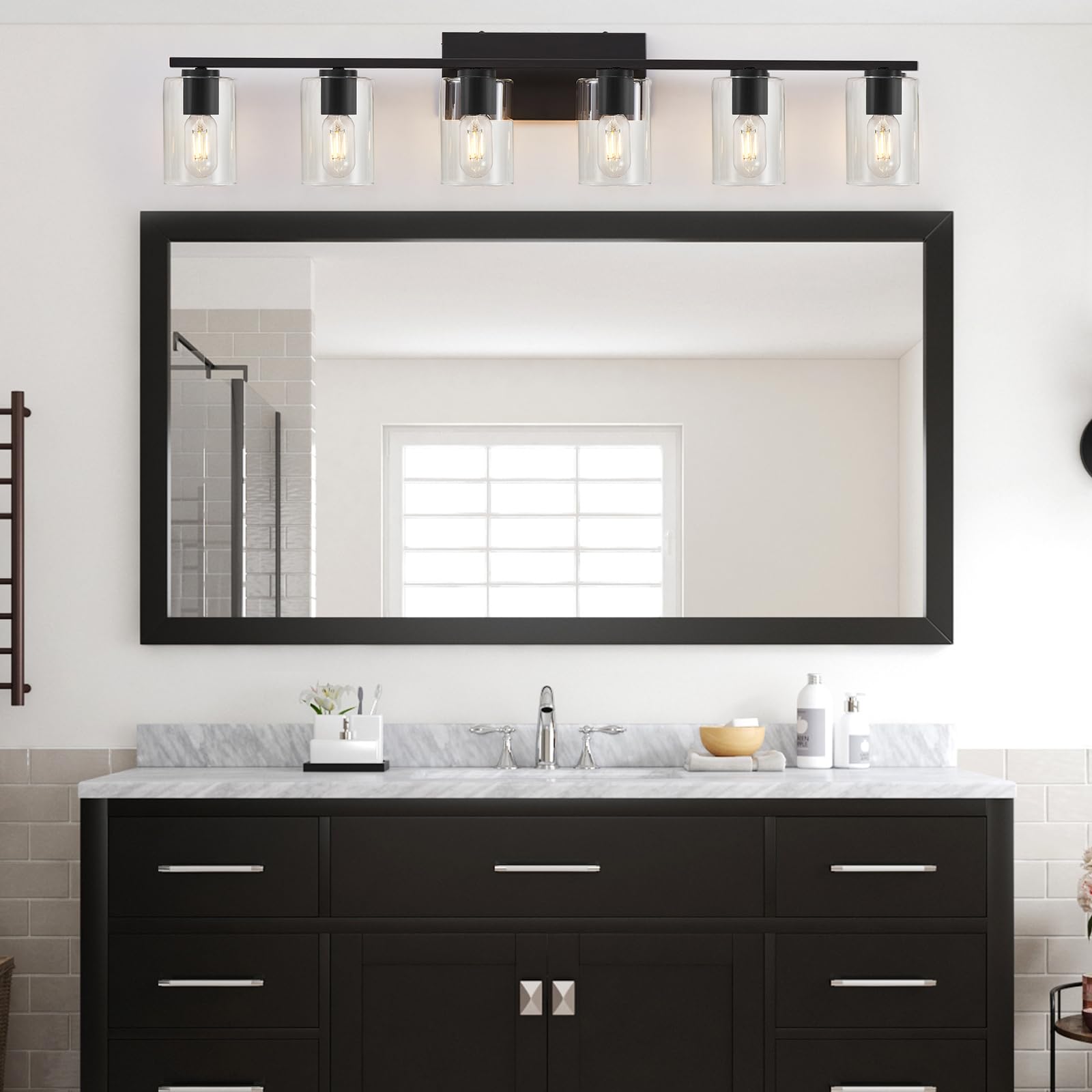 6-Light Black Bathroom Vanity Lighting with Clear Glass Shade - Modern Metal Vanity Lights for Bathroom, Bedroom & Living Room - Perfect Over Mirror for Home Decor