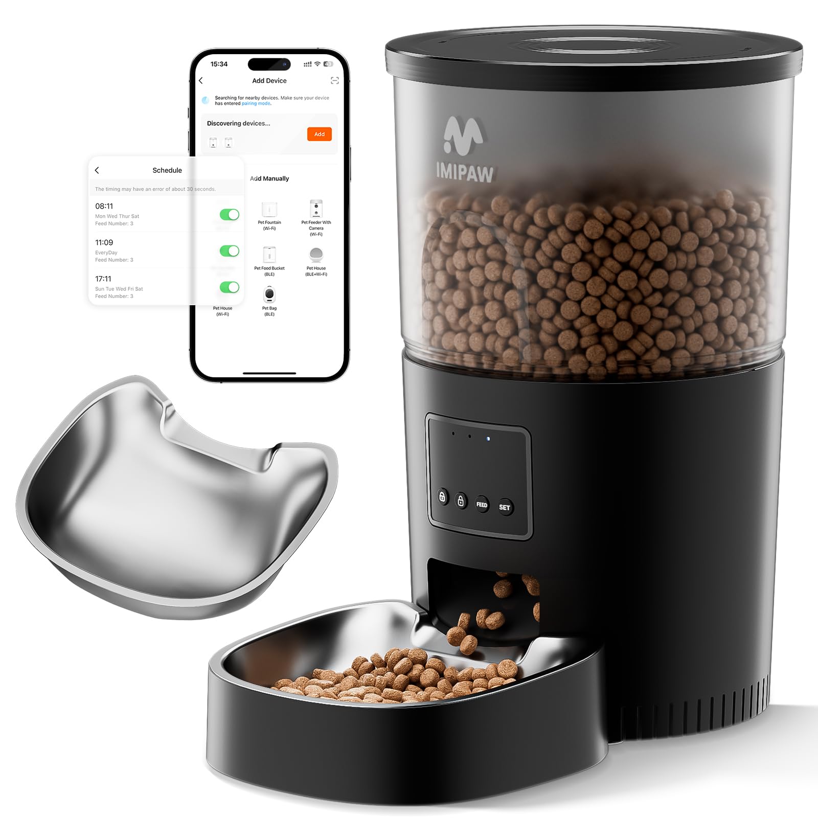 Automatic Cat Food Dispenser with WiFi & App Control - Programmable Pet Feeder for Dry Food, Dual Power Supply, Slow Feeder for Cats & Small Dogs - Perfect for Busy Pet Owners & Multi-Pet Households