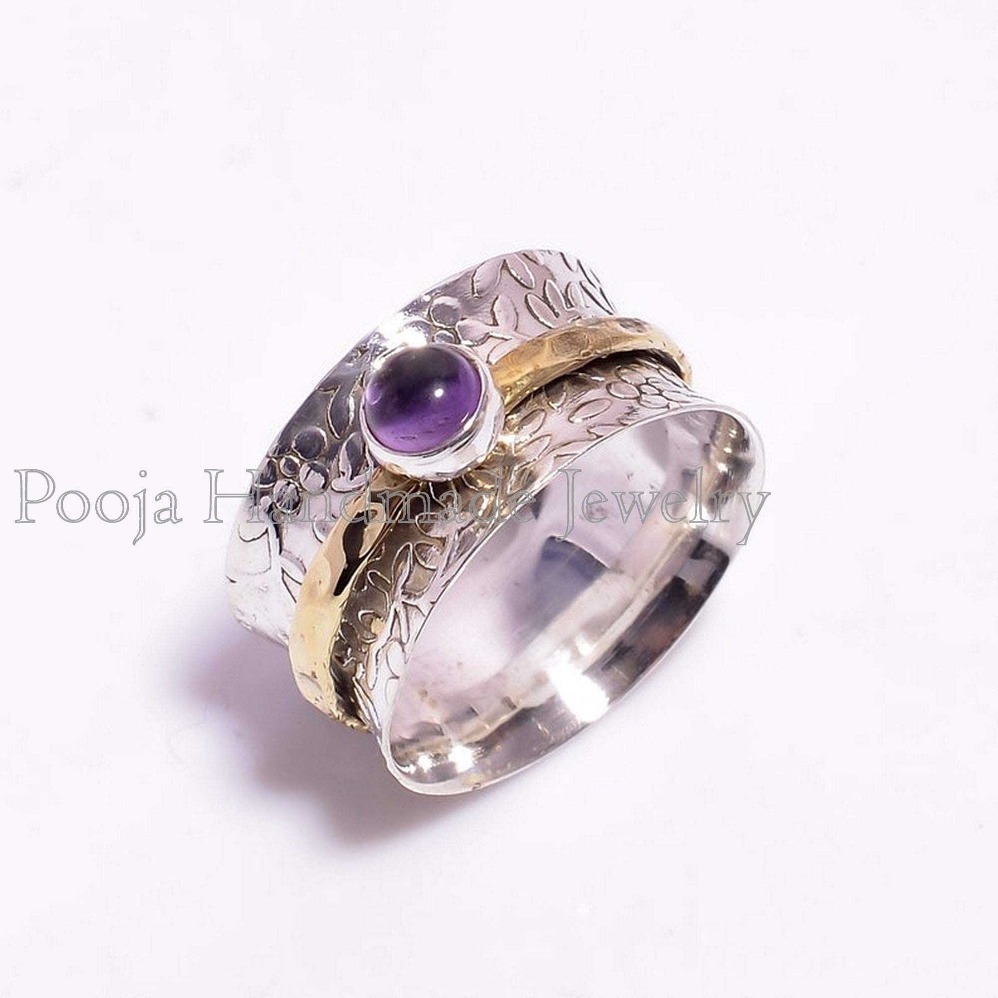 Handmade 925 Silver Amethyst Gemstone Spinner Ring for Women - Meditation, Fidget Ring, Two-Tone Jewelry Gift for Girlfriend, Wife, Sister | Perfect for Stress Relief, Anxiety, Yoga & Mindful Relaxation
