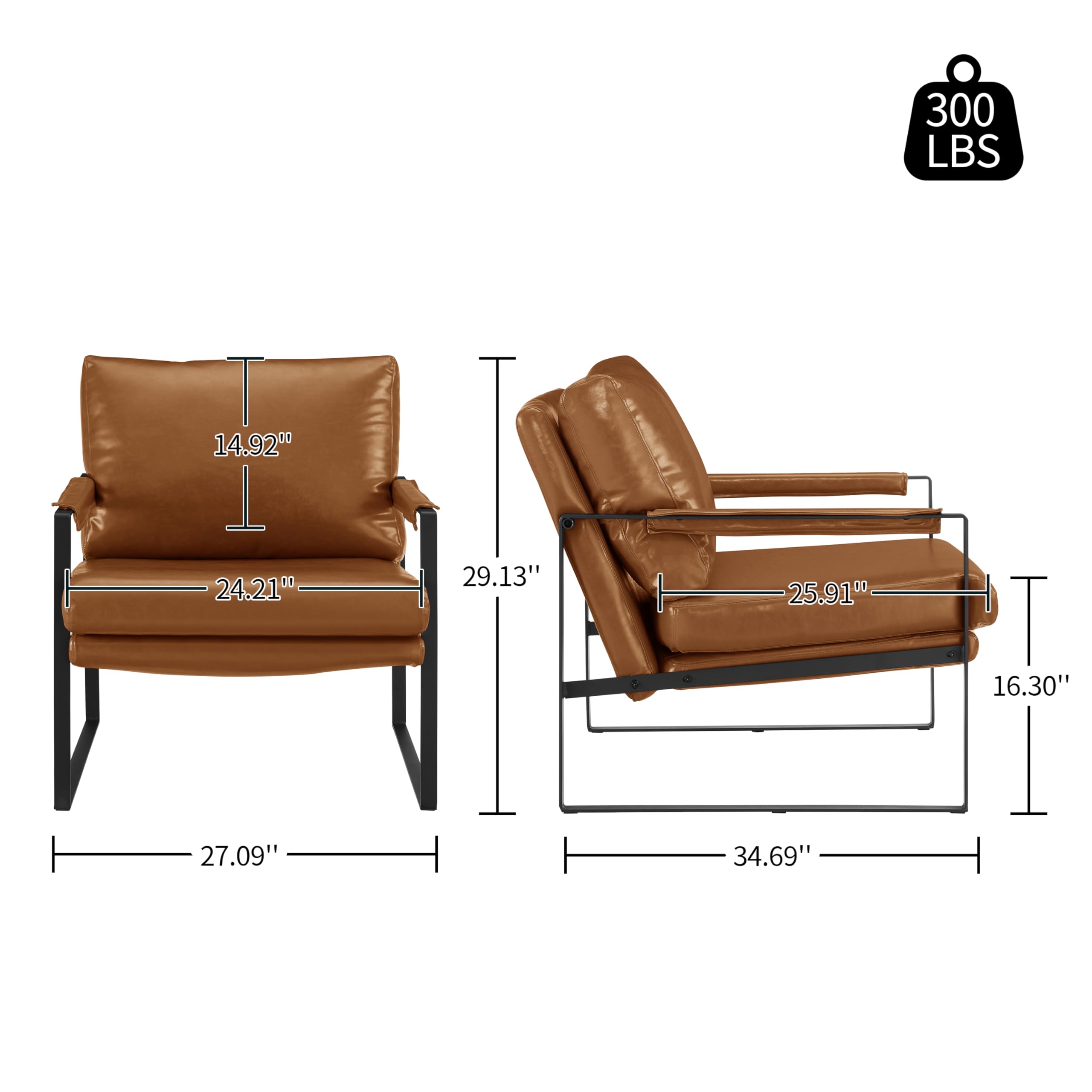 Art Leon Mid Century Modern Accent Chairs Set of 2 - Faux Leather Armchairs with Black Metal Legs for Living Room & Bedroom - Brown - Perfect for Lounge Areas, Reading Nooks & Home Offices