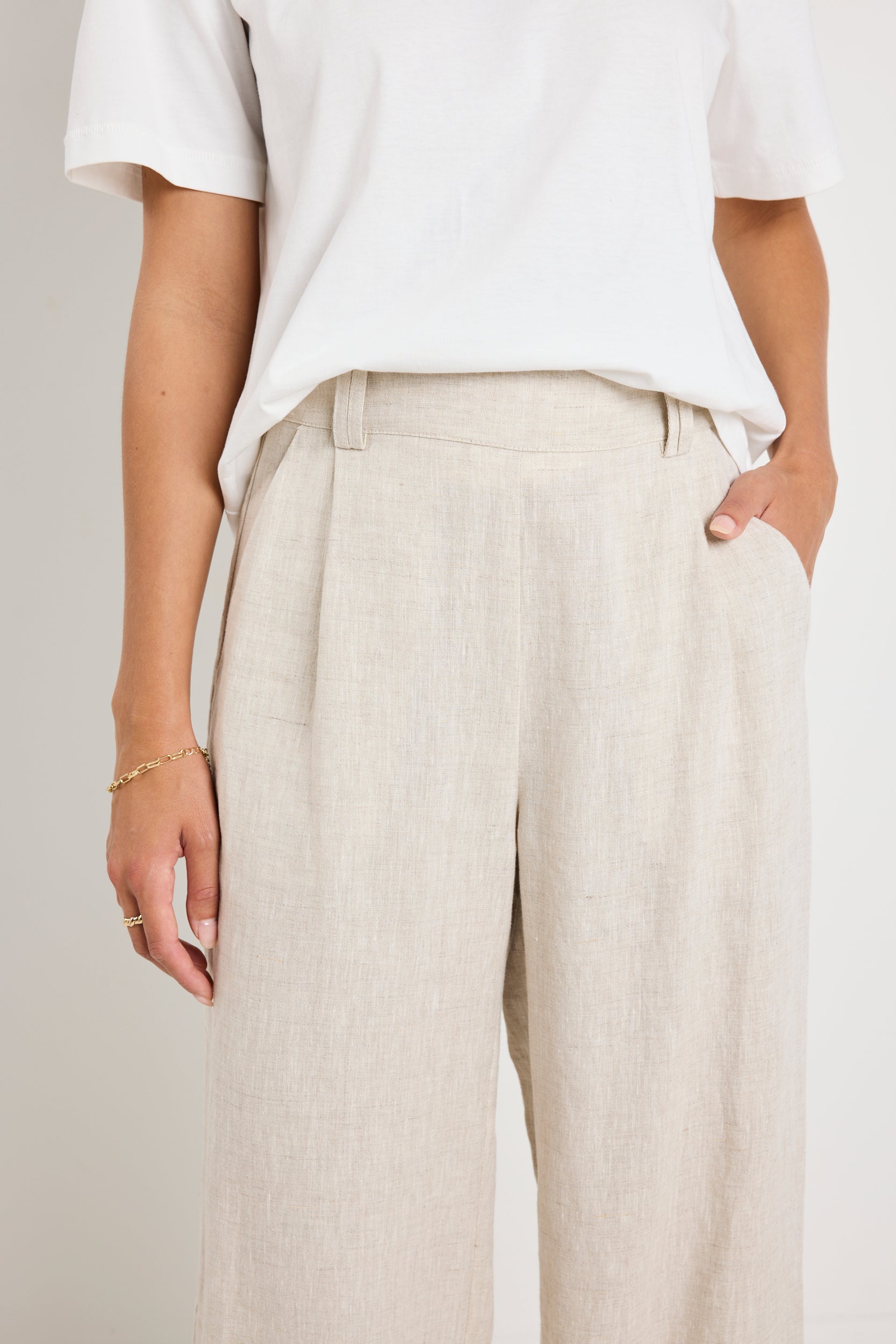 Bestow Natural Linen Elastic Waist Wide Leg Pants for Women - Comfortable Summer Lounge & Casual Wear
