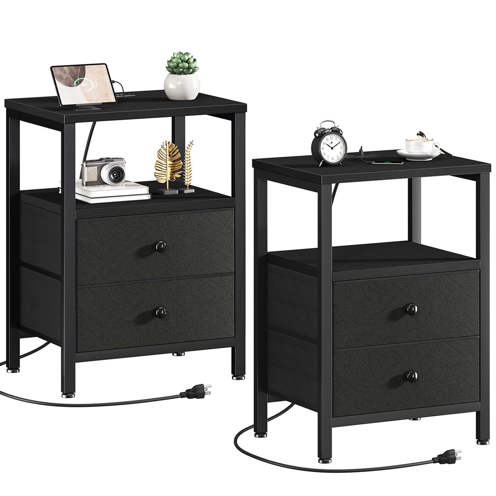 Modern Black Nightstand Set of 2 with USB Charging Station & Drawers - Bedroom End Tables for Dorm, Apartment & Master Bedroom - Perfect for Phones, Lamps & Bedside Storage