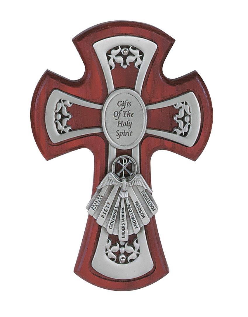 Gigi's Classy Kids 6 Inch Pewter Holy Spirit Gifts Wall Cross - Cherry Stained Wood Confirmation Gift Boxed - Perfect for First Communion, Baptism & Christian Home Decor