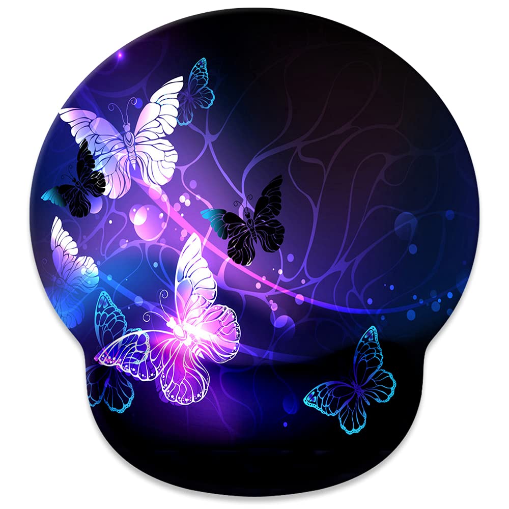 Ergonomic Mouse Pad with Wrist Rest - Non-Slip Rubber Base Gaming Mousepad for Computer & Laptop - Cute Glowing Night Butterflies Design - Perfect for Office Work, Gaming & Long Computer Sessions