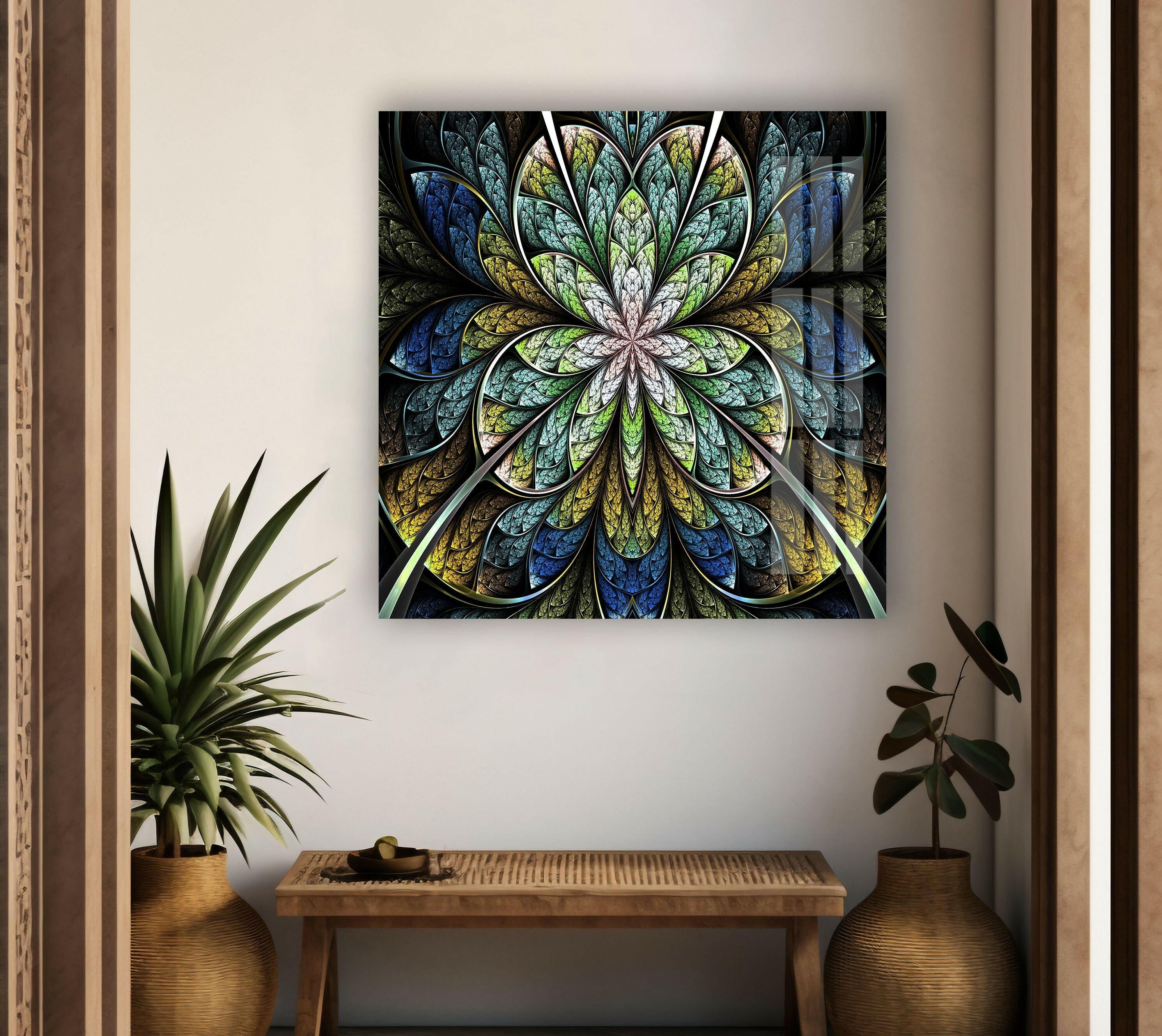 Blue Fractal Flower Glass Wall Art - Handmade Modern Home Decor for Living Room, Bedroom & Office - Elegant Glass Mosaic Wall Hanging for Unique Interior Design