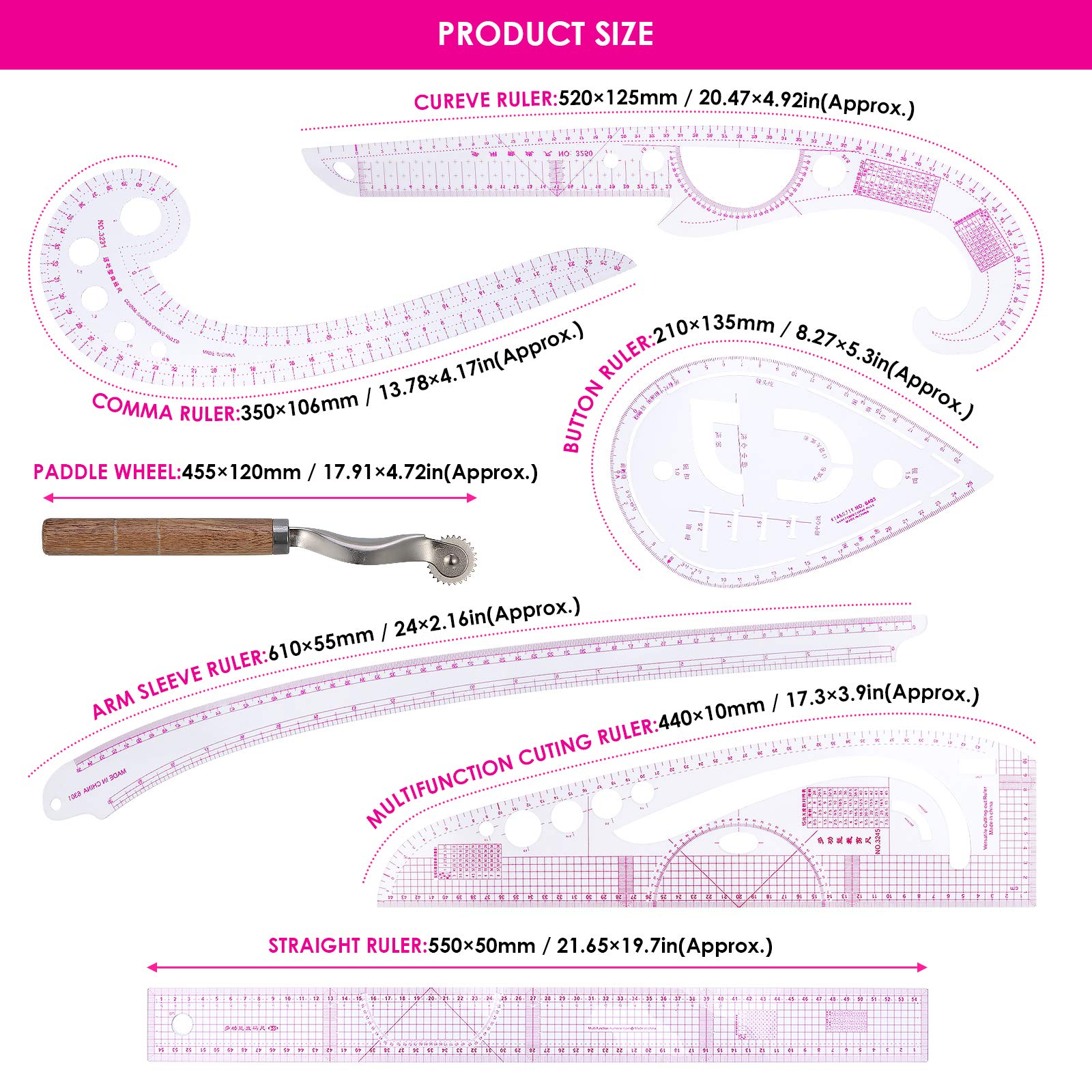 7-Piece Curve Metric Ruler Set - Multi-Functional Plastic Sewing Measuring Tools for Dressmaking, Tailoring & DIY Projects | Perfect for Pattern Making, Garment Construction & Crafting