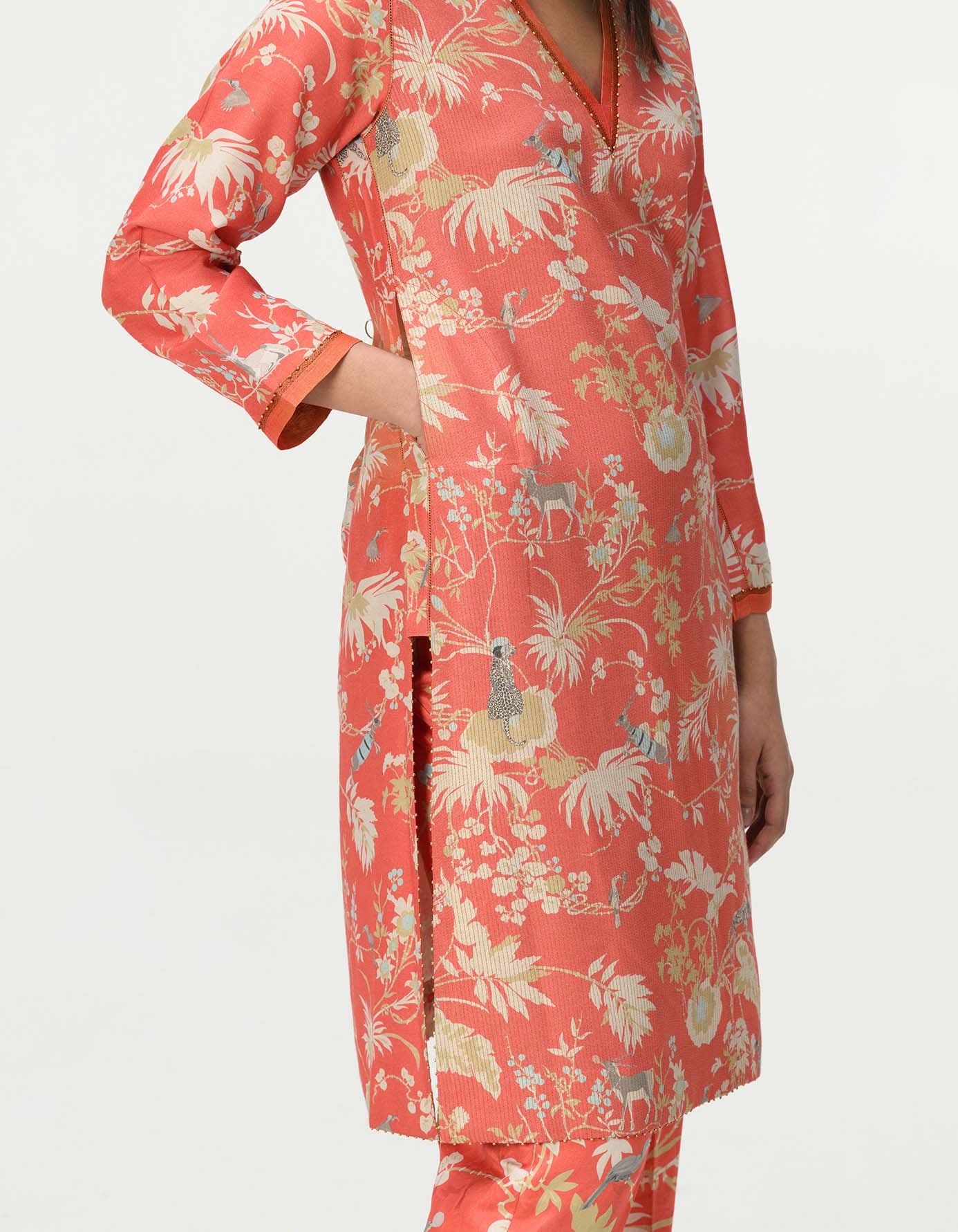 Roshan V Neck Kurta for Women - Muga Satin Coral Ethnic Tunic Top - Perfect for Festivals, Weddings & Cultural Events