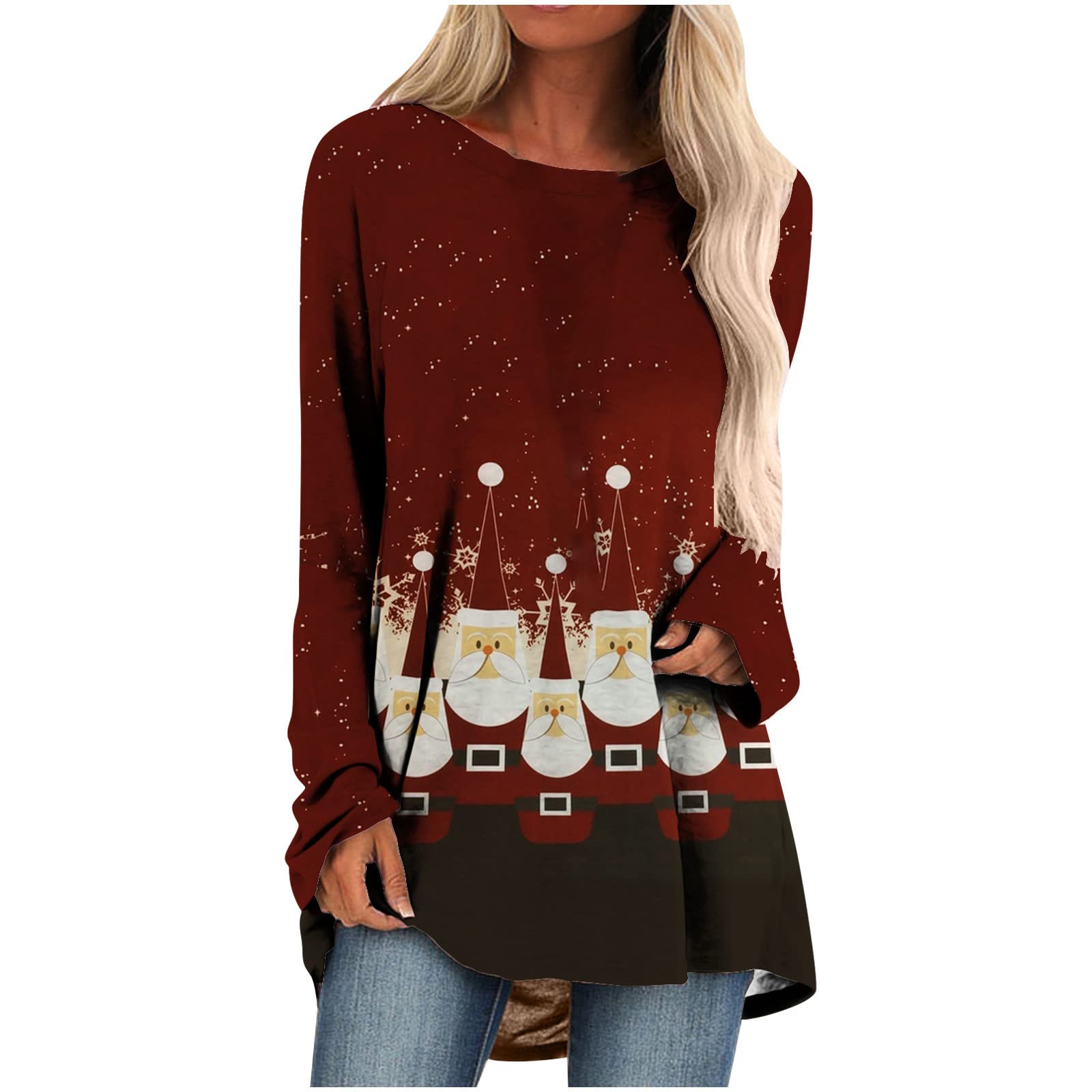 Women's Long Sleeve Tunic Tops - Round Neck Graphic T-Shirts with Cute Gnome Print, Solid Color Loose Pullover for Casual Wear, Fall Outfits & Holiday Season