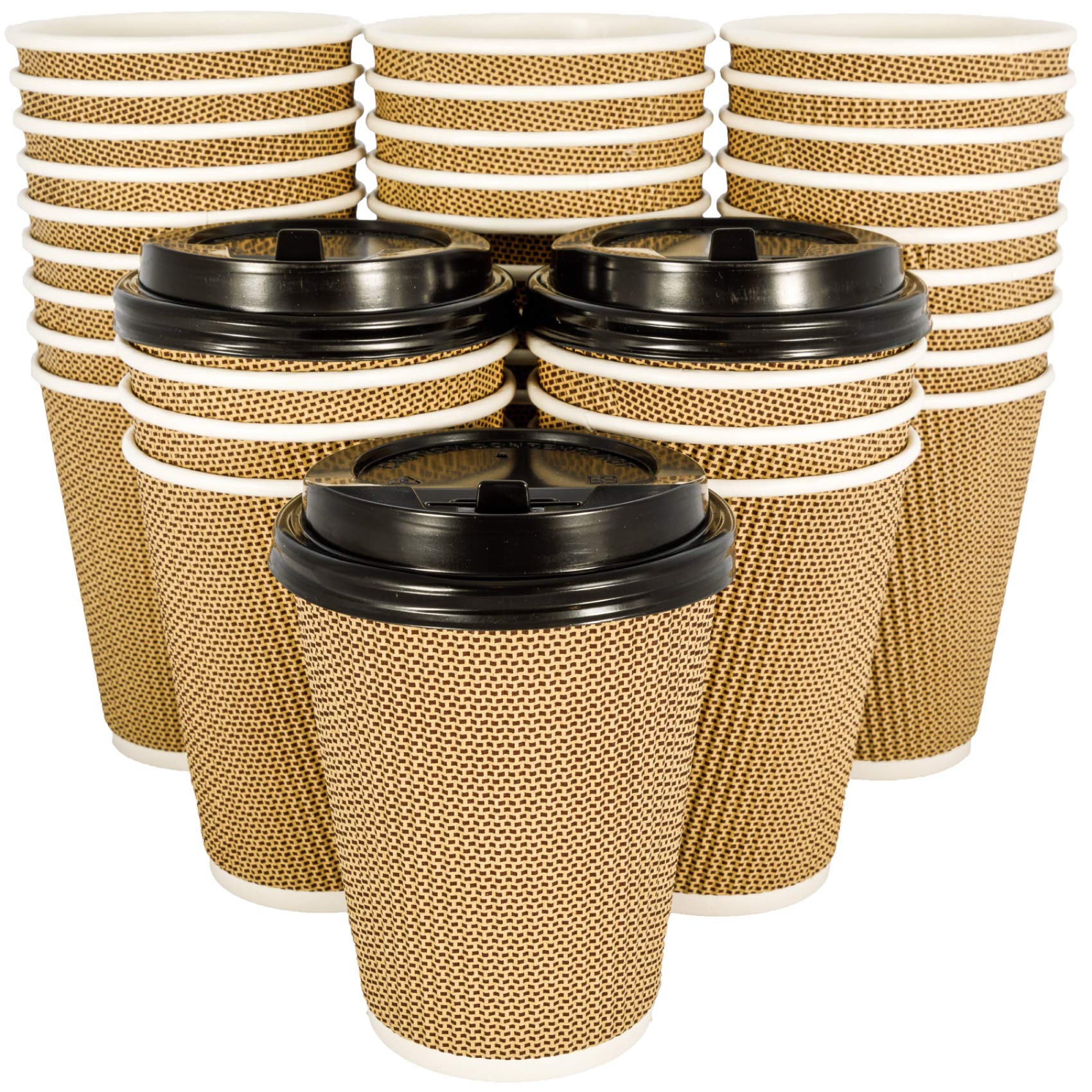 OzBSP 100 Pack 12oz Brown Disposable Coffee Cups with Lids - Double Wall Insulated Hot Paper Cups, Leak Proof & Microwave Safe - No Sleeve Needed for Coffee, Tea, Hot Chocolate - Perfect for Office, Cafes, Takeout & Home Use