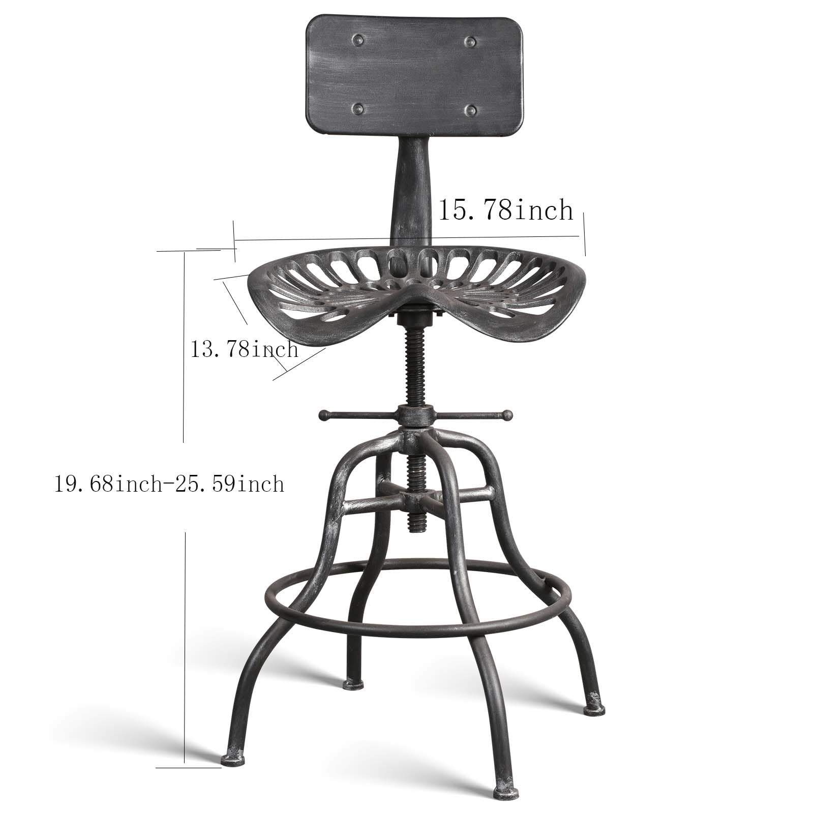 Industrial Farmhouse Bar Stool - Adjustable Tractor Saddle Chair with Backrest (22-27 Inch Height) - Durable Metal & Cast Iron Counter Stool for Kitchen, Bar, Restaurant & Home Decor - Silver Finish
