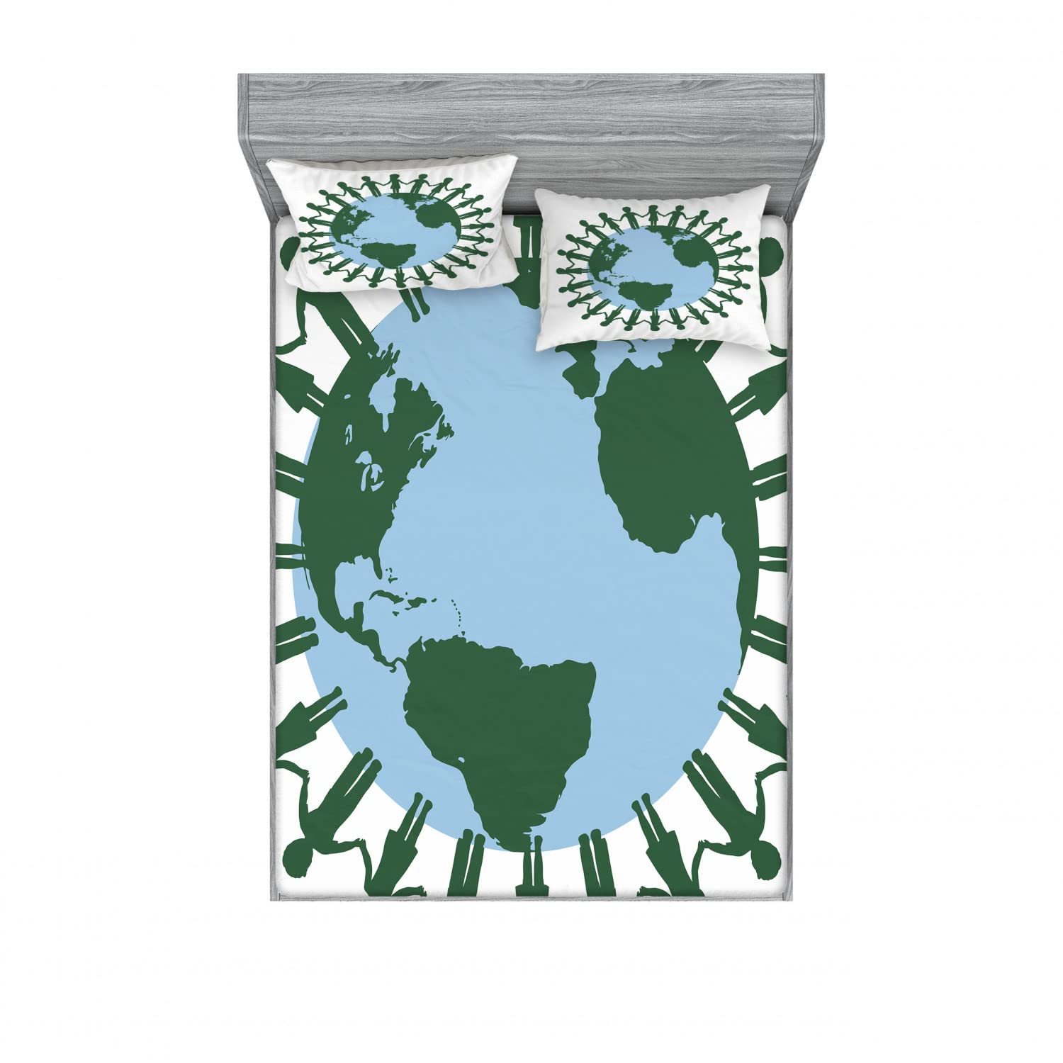 Ambesonne Earth Day 2-Pack King Size Fitted Sheet Set with 4 Pillow Shams - Sky Blue Green Holding Hands Design - Eco-Friendly Bedding Decor for Home, Dorm, Guest Room - Soft & Breathable Sheets for Comfortable Sleep
