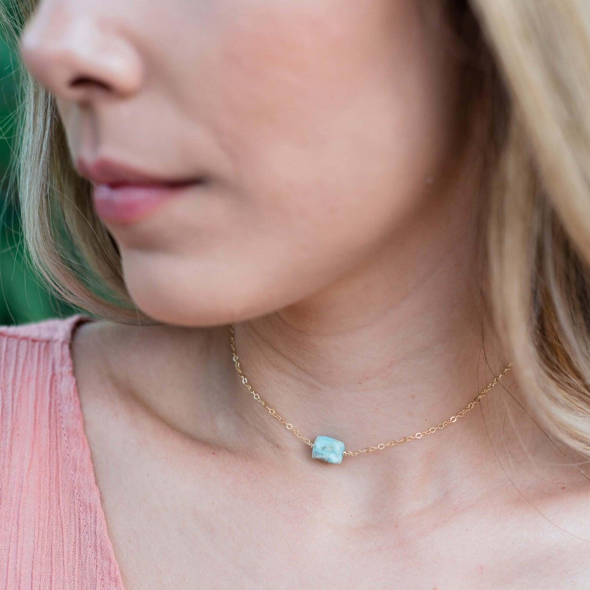 Natural Raw Larimar Crystal Nugget Choker Necklace - Handmade Blue Gemstone Jewelry for Women, Healing Stone Pendant for Spiritual Energy & Stress Relief - Perfect for Boho Fashion, Meditation & Gift Giving