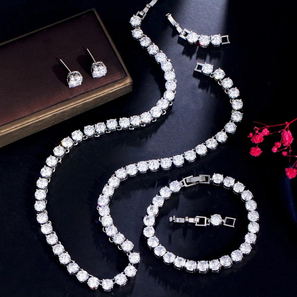 Sparkling White CZ Crystal Bridal Jewelry Set - Choker Necklace, Earrings & Bracelet (3 Pcs) | Perfect for Weddings, Prom, Anniversary & Formal Events