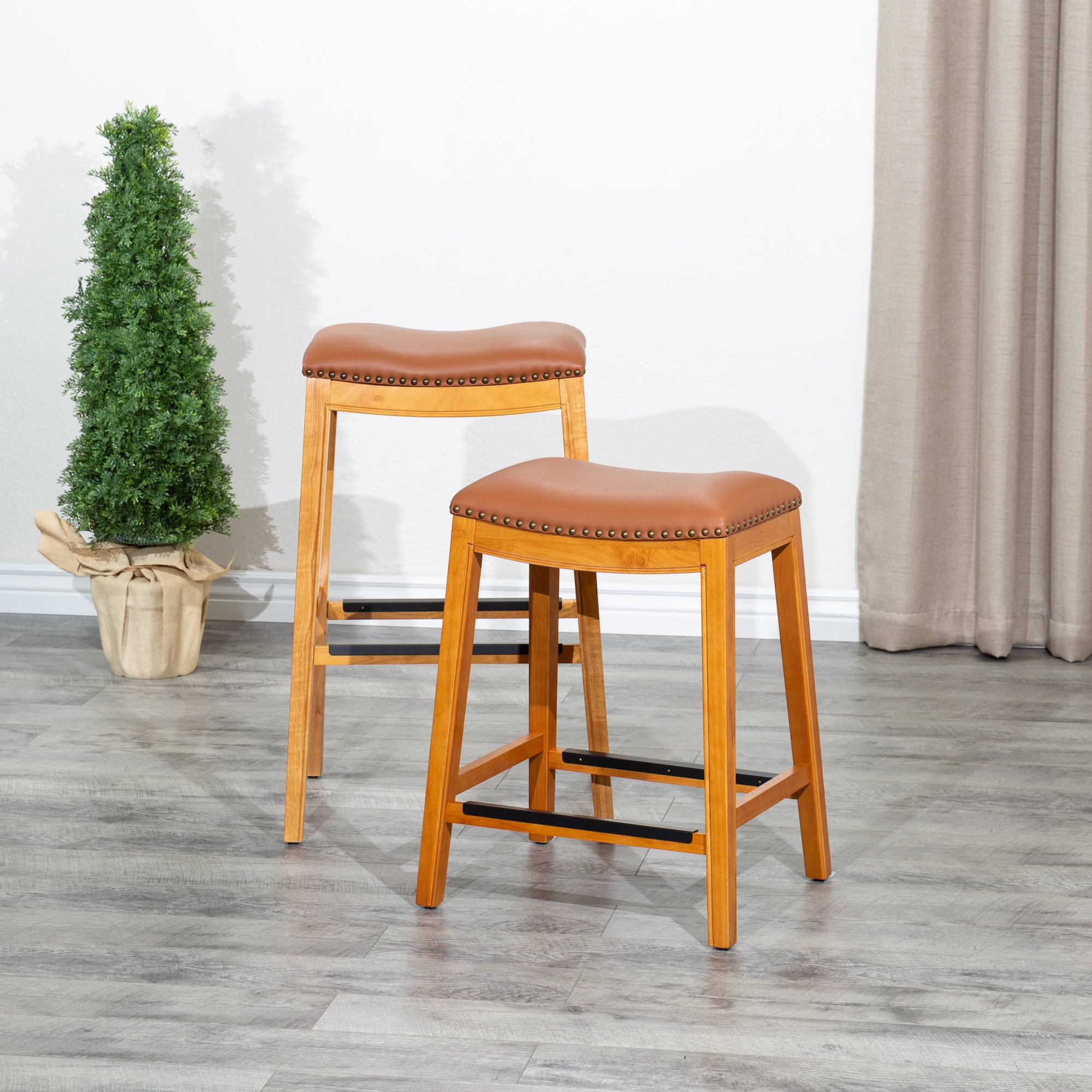 24 Inch Counter Stool with Saddle Leather Seat - Natural Wood Finish Bar Stool for Kitchen Island, Breakfast Nook & Home Bar Decor