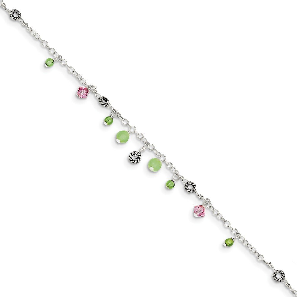 Elegant Sterling Silver Ankle Bracelet with Pink Crystal, Green Quartz & Peridot Beads | Perfect for Boho Chic, Beach Wedding & Summer Fashion Accessories