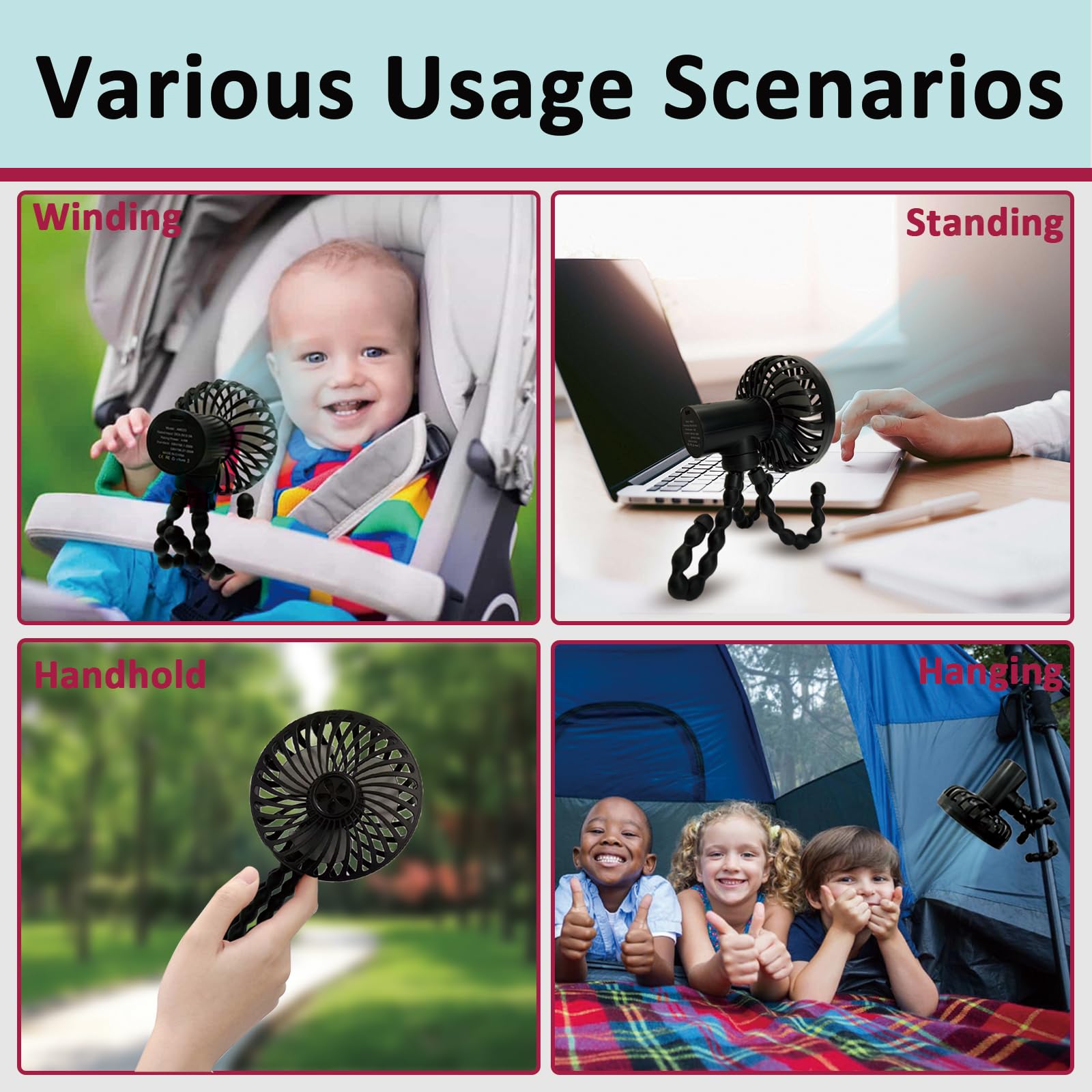 Portable Stroller Fan with 0.2 Inch Safe Gap - 3 Speed Quiet USB Rechargeable Handheld Fan, 3000mAh Battery Operated Personal Cooling Fan for Baby Stroller, Car Seat, Travel, Camping & Outdoor Activities (Black)