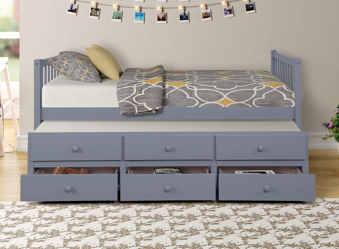 Rhomtree Twin Daybed with Trundle - Grey Storage Platform Bed Frame with Headboard, Footboard & 3 Drawers - Perfect for Kids Room, Guest Bedroom or Small Space