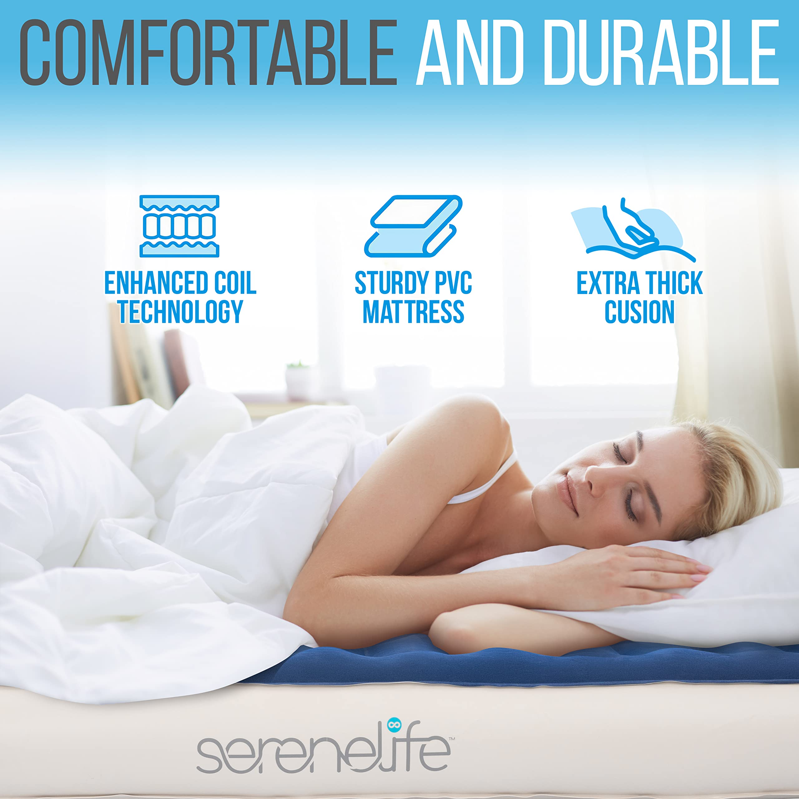 SereneLife EZ Bed Air Mattress with Frame & Rolling Case - Self-Inflating Twin Airbed with Built-in Pump - Perfect for Travel, Camping & Guest Hosting