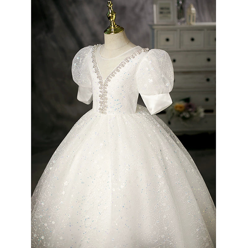 Princess Round Floor Length White Flower Girl Dress for Weddings, Baptisms, and Special Occasions