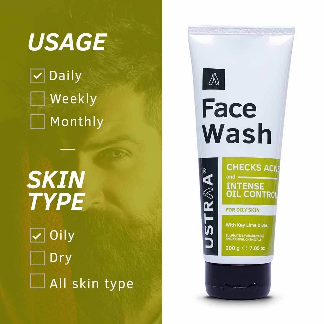 Ustraa Face Wash for Oily & Acne-Prone Skin - 2 x 100g Pack with Basil & Key Lime - SLS Free Formula Controls Excess Oil, Fights Acne & Blackheads - Deep Cleansing & Skin Repair - Perfect for Daily Skincare Routine & Post-Workout Refresh