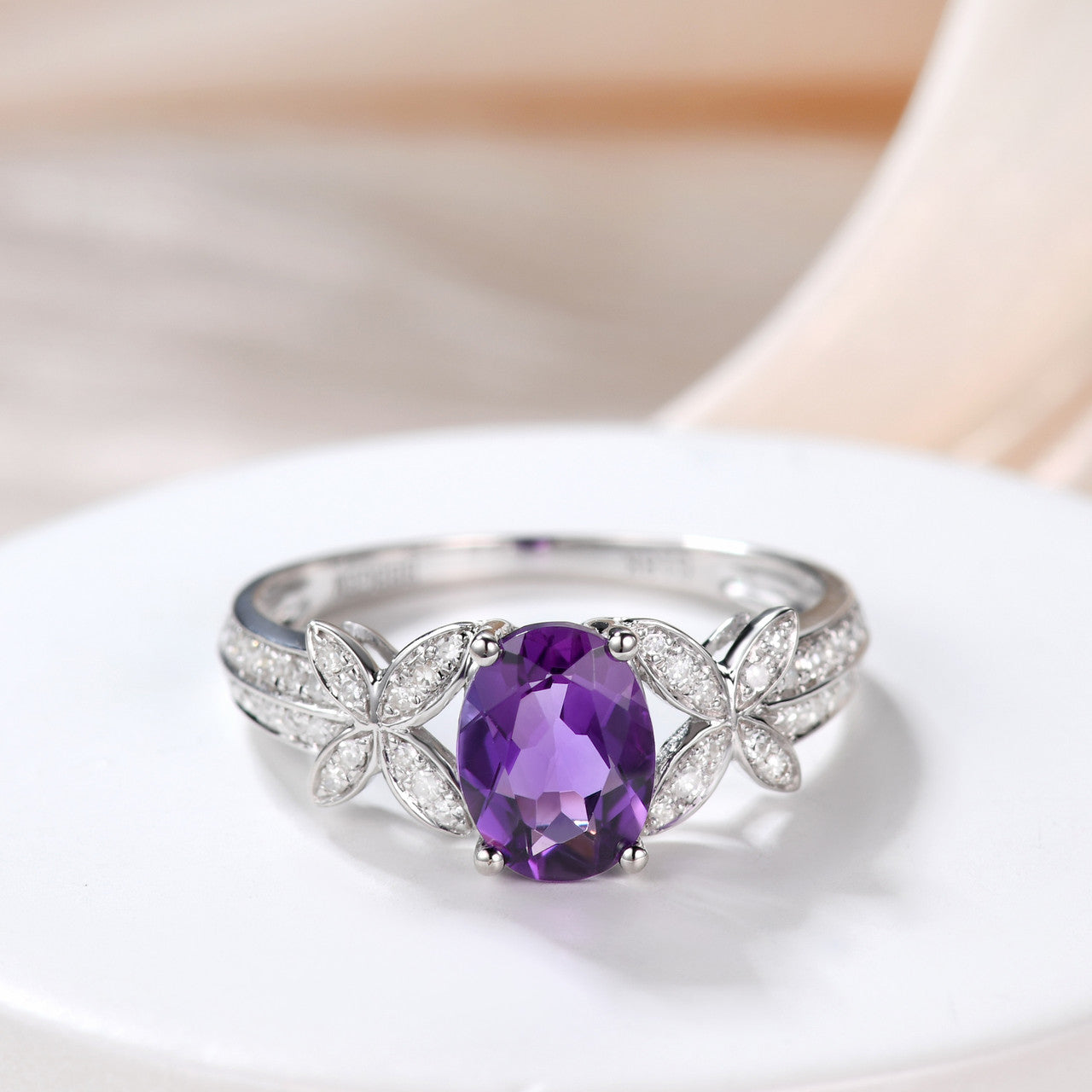 14K White Gold Handmade Purple Amethyst Engagement Ring - 6x8mm Oval Cut Diamond Butterfly Flower Promise Ring for Women | Wedding, Anniversary, Valentine's Day Gift