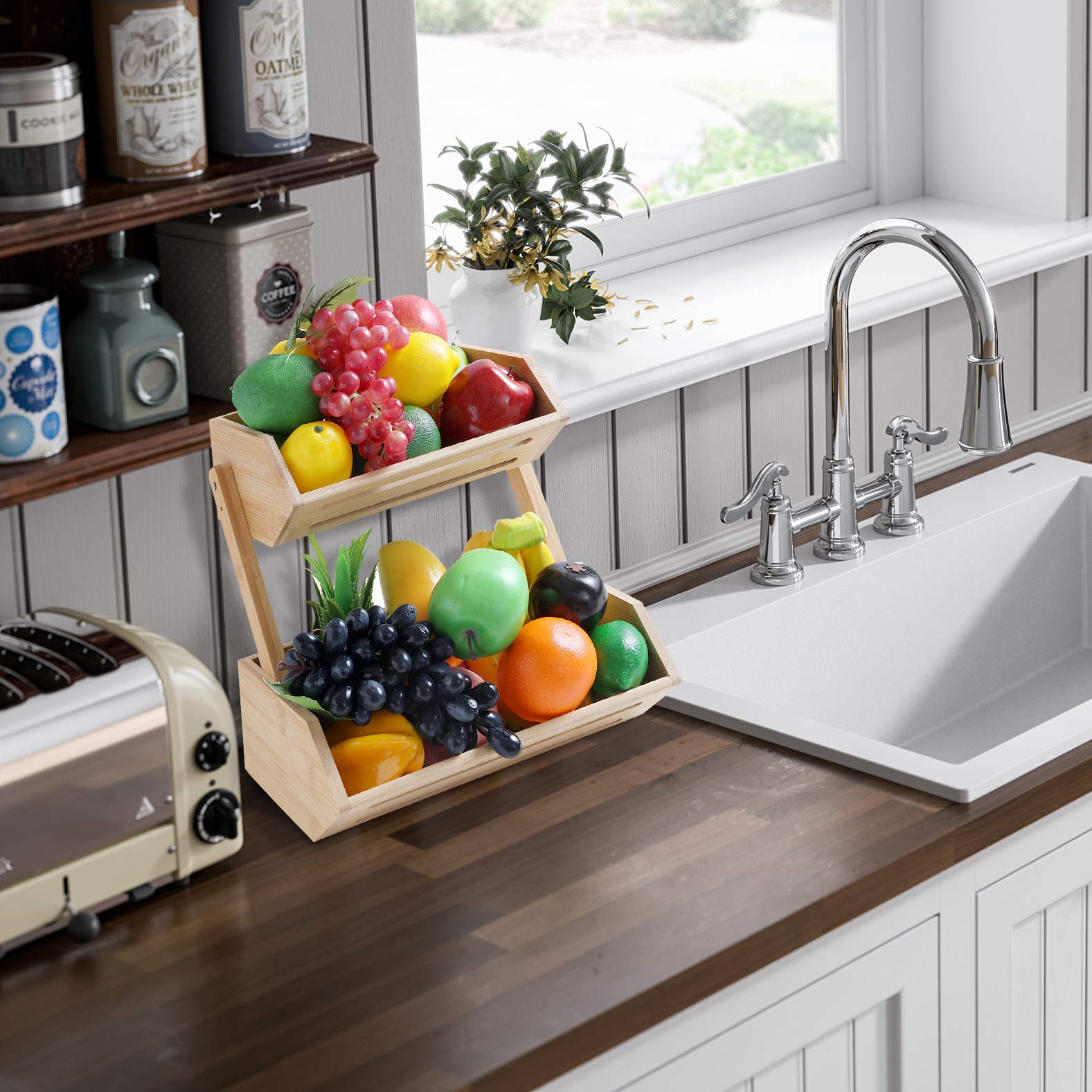 WELLAND 2-Tier Bamboo Countertop Fruit Basket Bowl - Kitchen & Dining Table Organizer for Bread, Vegetables & Snacks | Perfect for Pantry Storage, Counter Display & Healthy Snacking