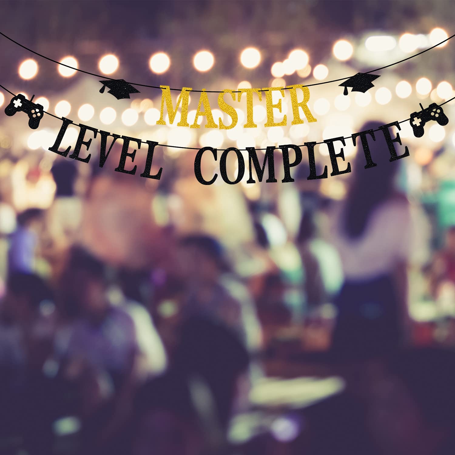 Master Level Complete Banner - Congrats Master Banner for Video Game Themed Graduation Decor | Gold Black Glitter Class of 2025 Graduation Party Supplies | Perfect for Gaming Graduation Parties, School Celebrations & Achievement Decorations
