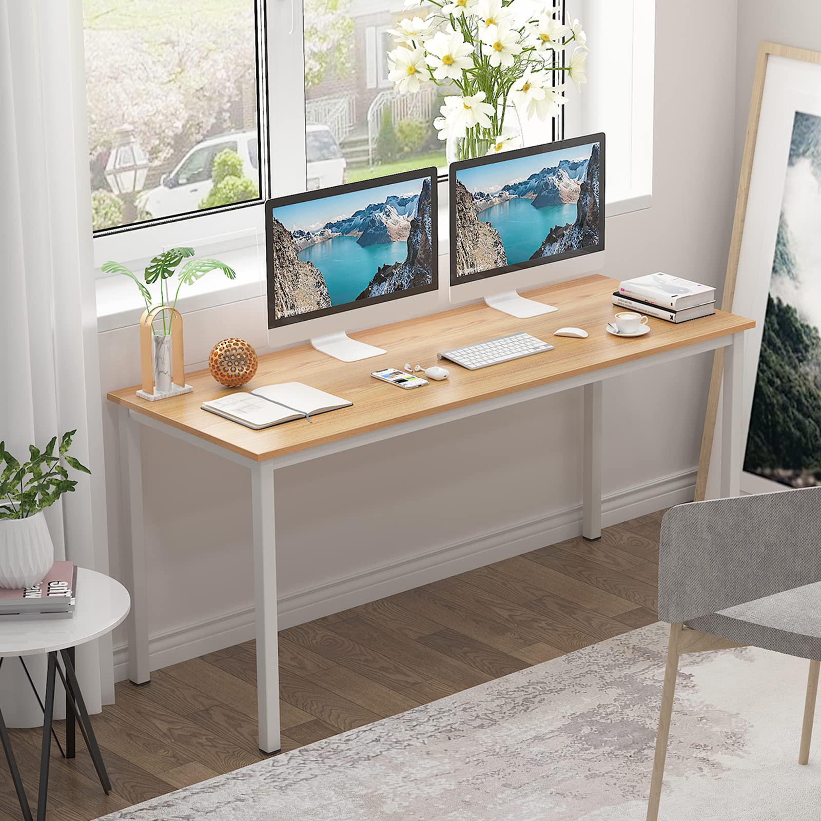 SogesFurniture 63 Inch Large Computer Desk - Sturdy Office Desk with BIFMA Certification, Gaming & Writing Desk in Teak & White (BHUS-AC3BW-160) - Perfect for Home Office, Gaming Setup & Workspace