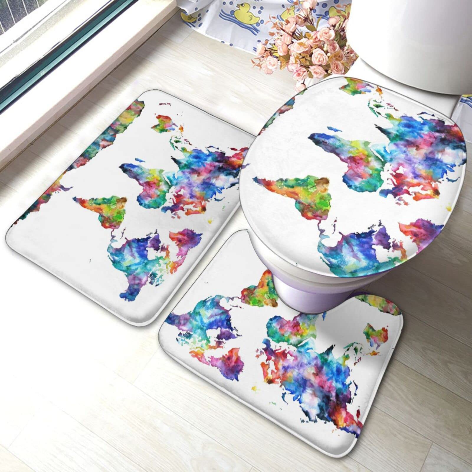 3D Printed Non-Slip Bathroom Rug Set - Colorful World Map Design Soft Carpet Mats for Toilet & Shower (3-Piece U-Shaped Set) - Perfect for Modern Bathrooms & Home Decor