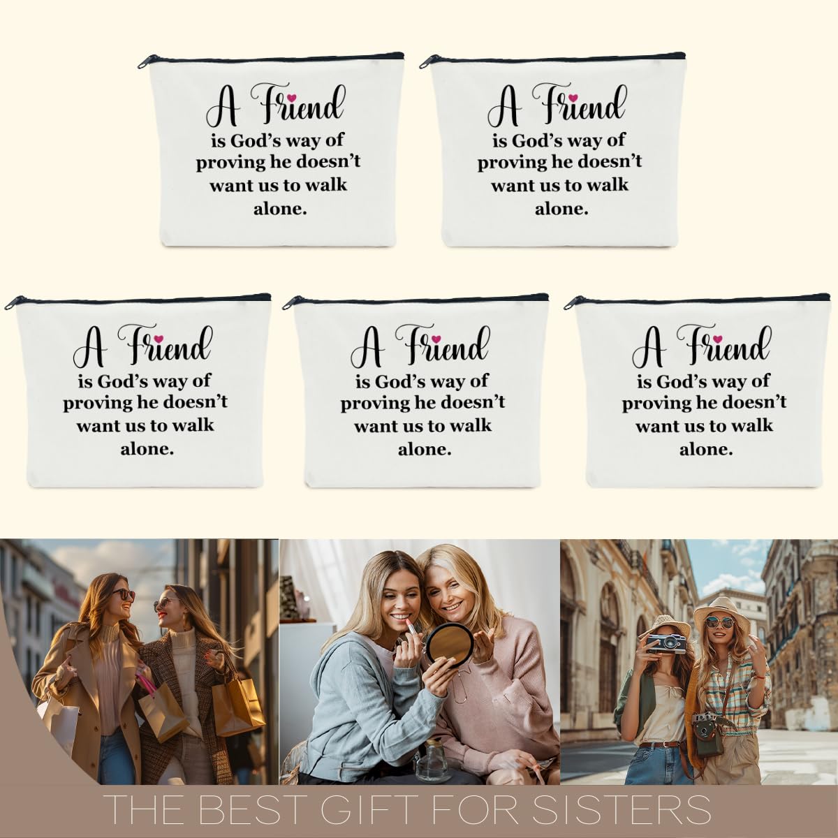 5 PCS Friendship Gift Set for Women - Bestie Gifts for Her, Sister, Daughter - Graduation, Christmas, Birthday Present - Cosmetic & Travel Toiletry Bags for Daily Use, Vacation & Special Occasions