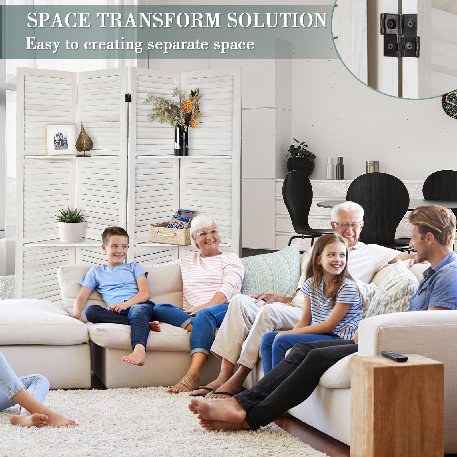 ECOMEX 4 Panel White Wooden Room Divider with Shelves - Folding Privacy Screen & Portable Partition for Bedroom, Home Office, Studio - Perfect for Space Separation & Organization (Warm White)